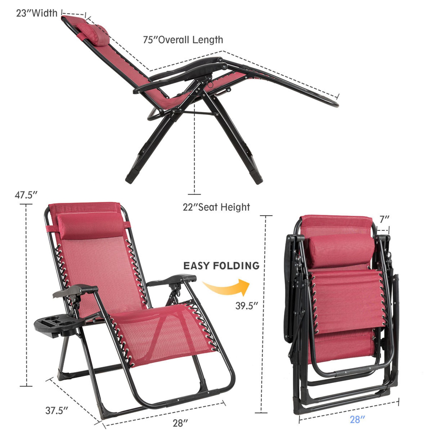 Costway 2PC Zero Gravity Chair Oversize Lounge Patio Heavy Duty Folding Recliner Red