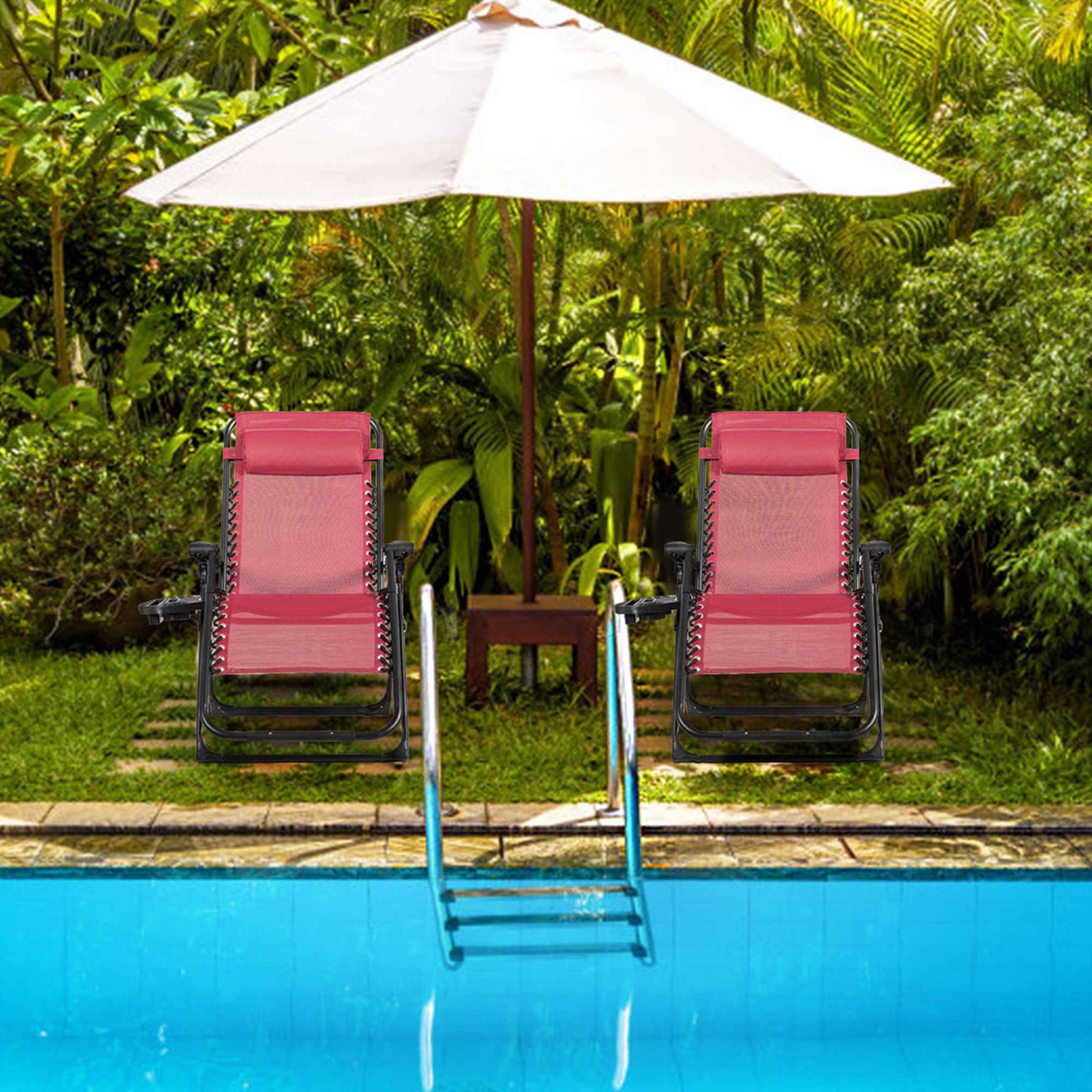 Costway 2PC Zero Gravity Chair Oversize Lounge Patio Heavy Duty Folding Recliner Red