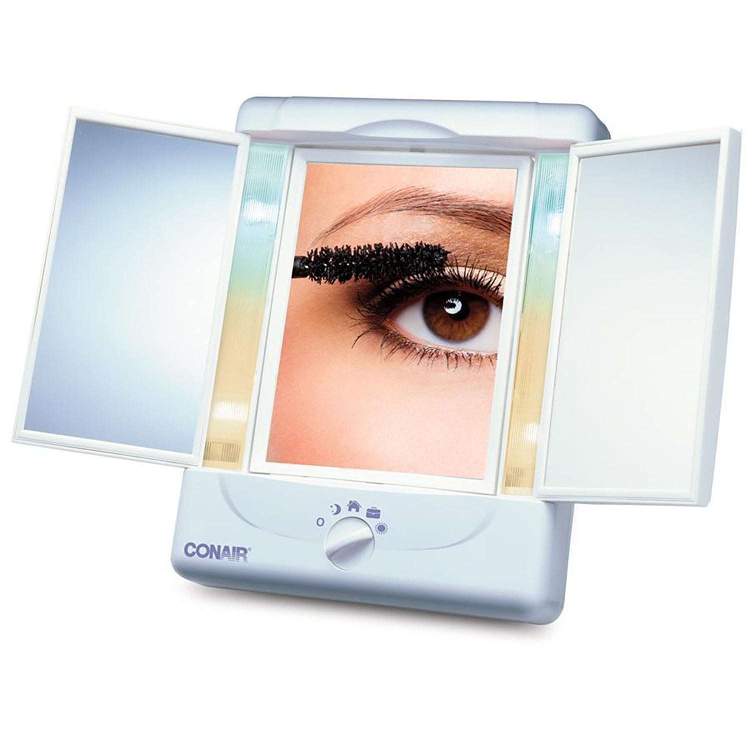 Conair TGTM7LXC - Three-Flap Mirror with 4 Light Settings, 5x or 1x Magnification, White