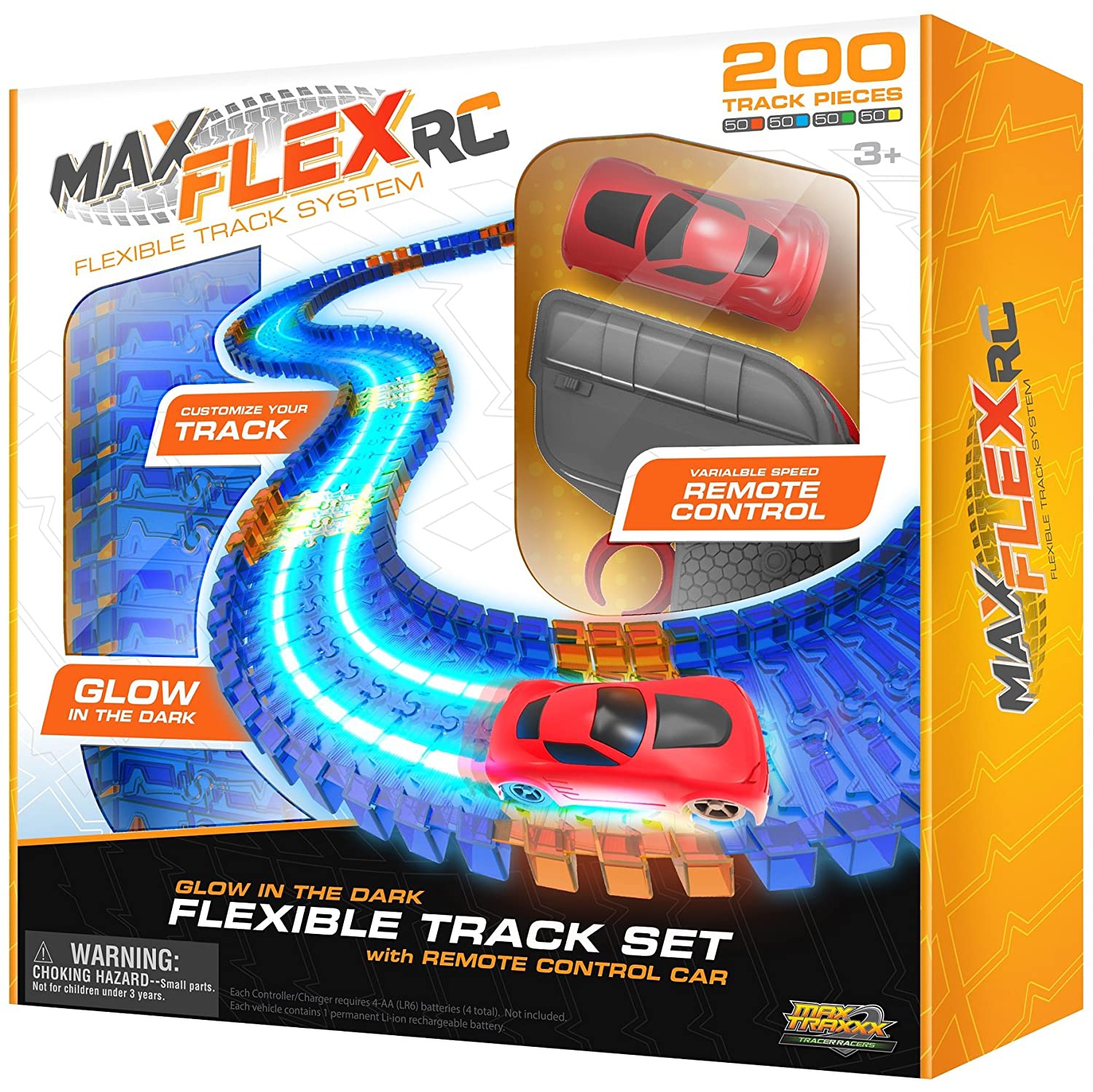 Max Flex RC 200 piece - Award Winning R/C Light Trace Technology Glow in The Dark Flexible Track System