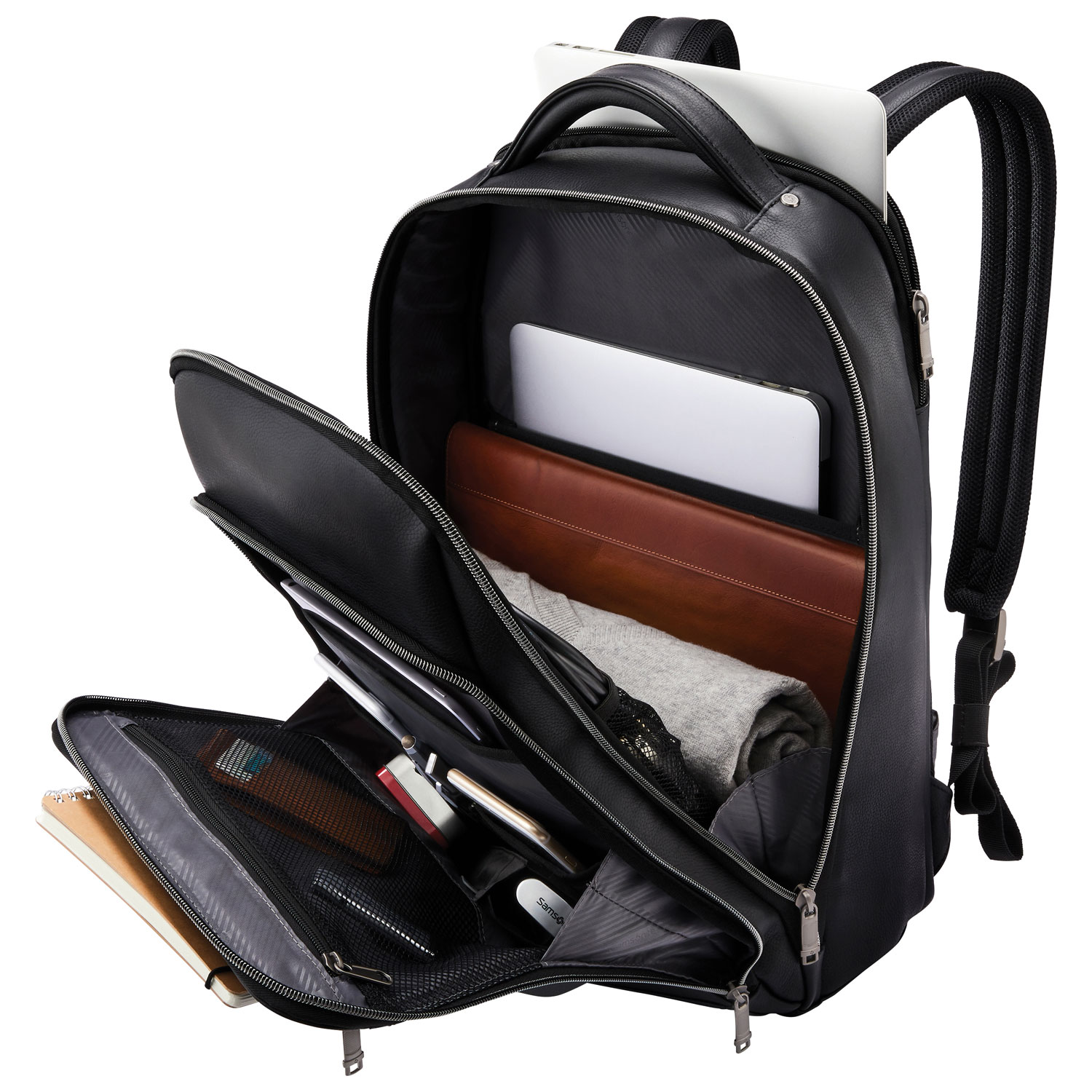 Black Leather 15 Roll top Backpack for Students and Professionals