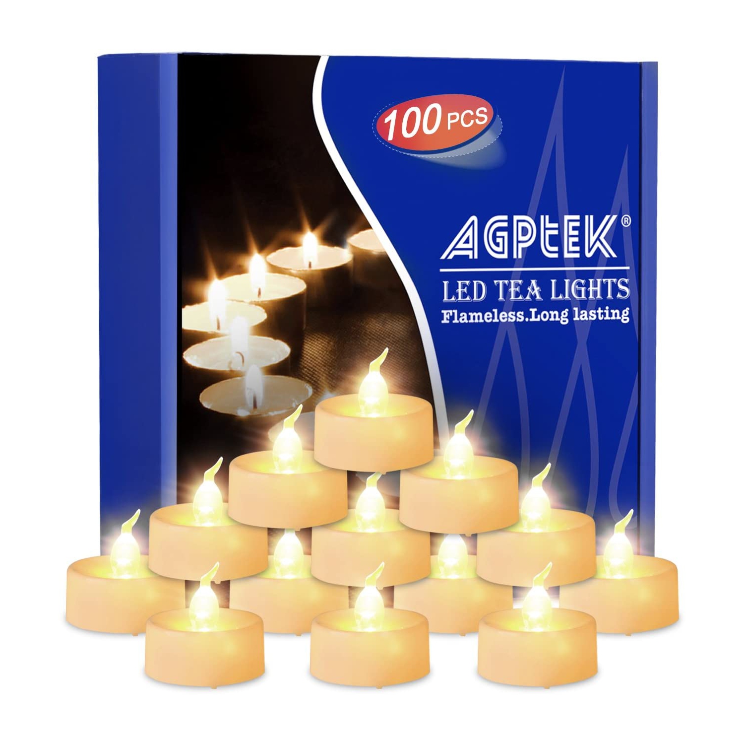 Long Lasting Tealights, AGPtek 100 Battery-Operated No Flicker Steady LED Candles Flameless for Wedding Party (Warm White)