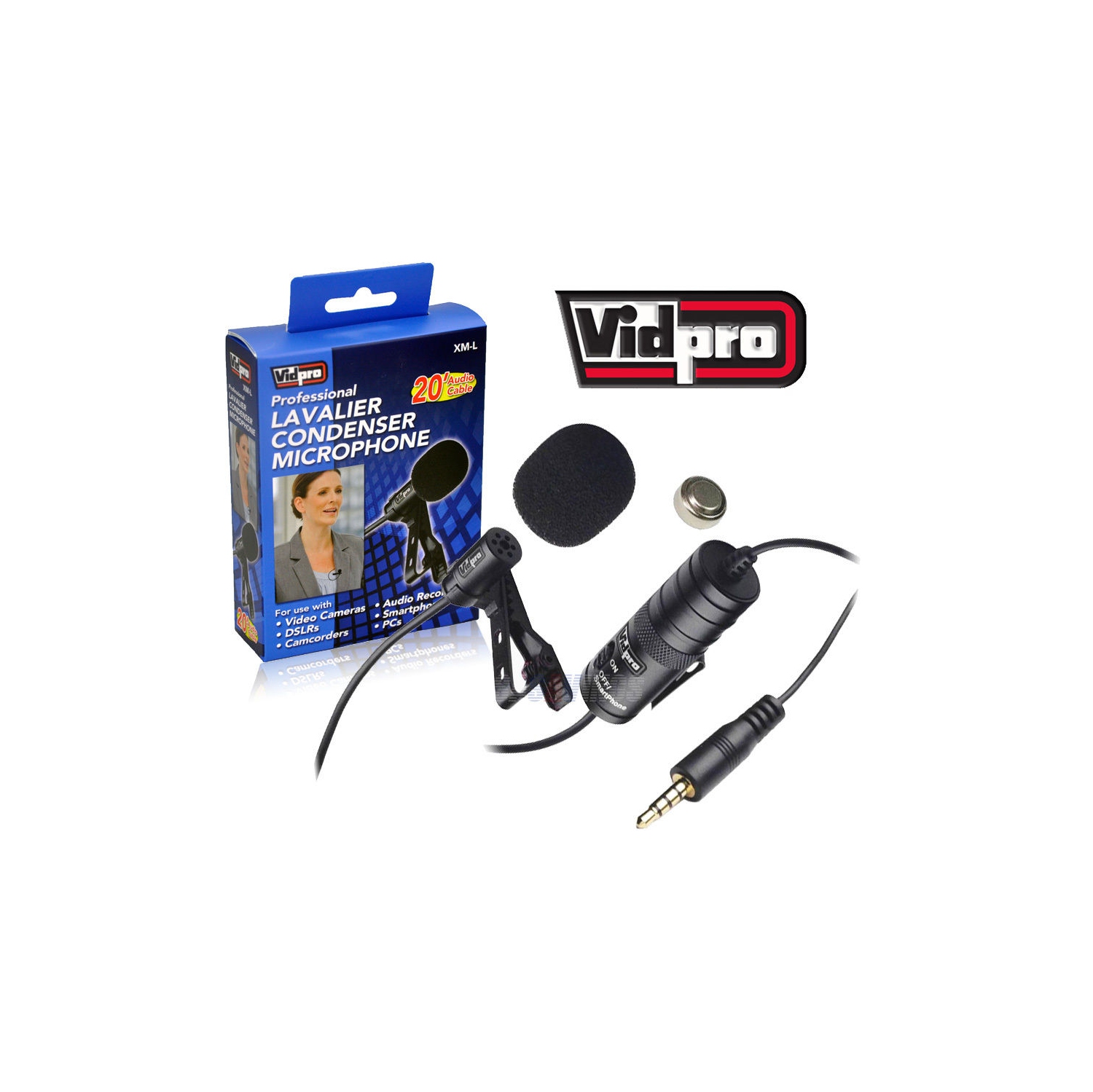 Vidpro XM-L Lavalier Condenser Microphone for DSLRs, Camcorders & Video Cameras 20' Audio Cable - International Version w/Seller Warranty