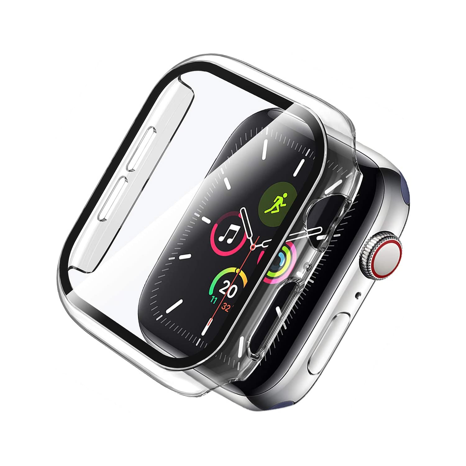 Étui protecteur intégral robuste et protecteur d’écran en verre trempé pour Apple Watch série 1 2 3 4 5 6, 44 mm, transparent