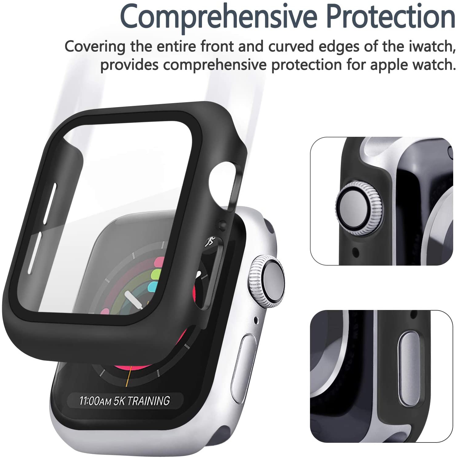Étui protecteur intégral robuste et protecteur d’écran en verre trempé pour Apple Watch série 1 2 3 4 5 6, 44 mm, transparent