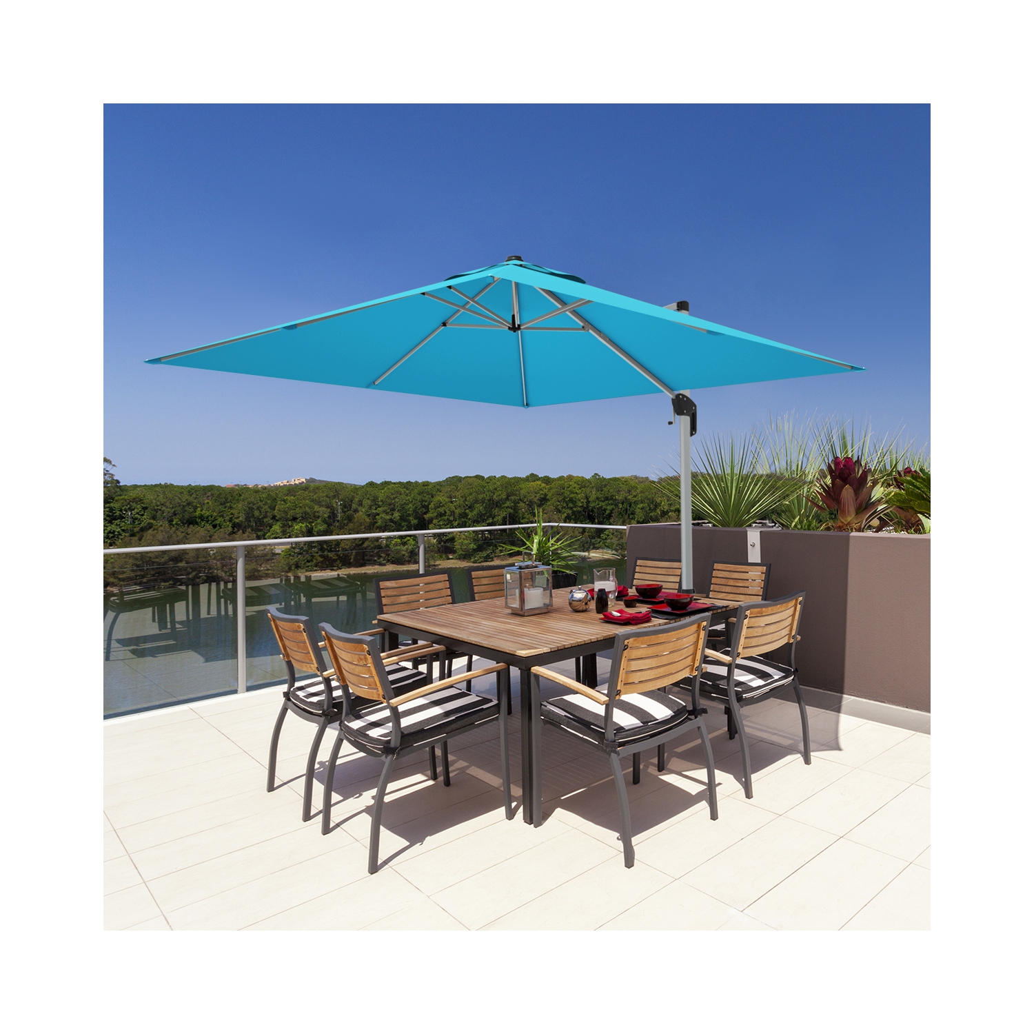 Gymax 10Ft Square Offset Hanging Patio Umbrella w/ Base 360 Degree Tilt Brick Red/Red/Blue/Beige/Tan