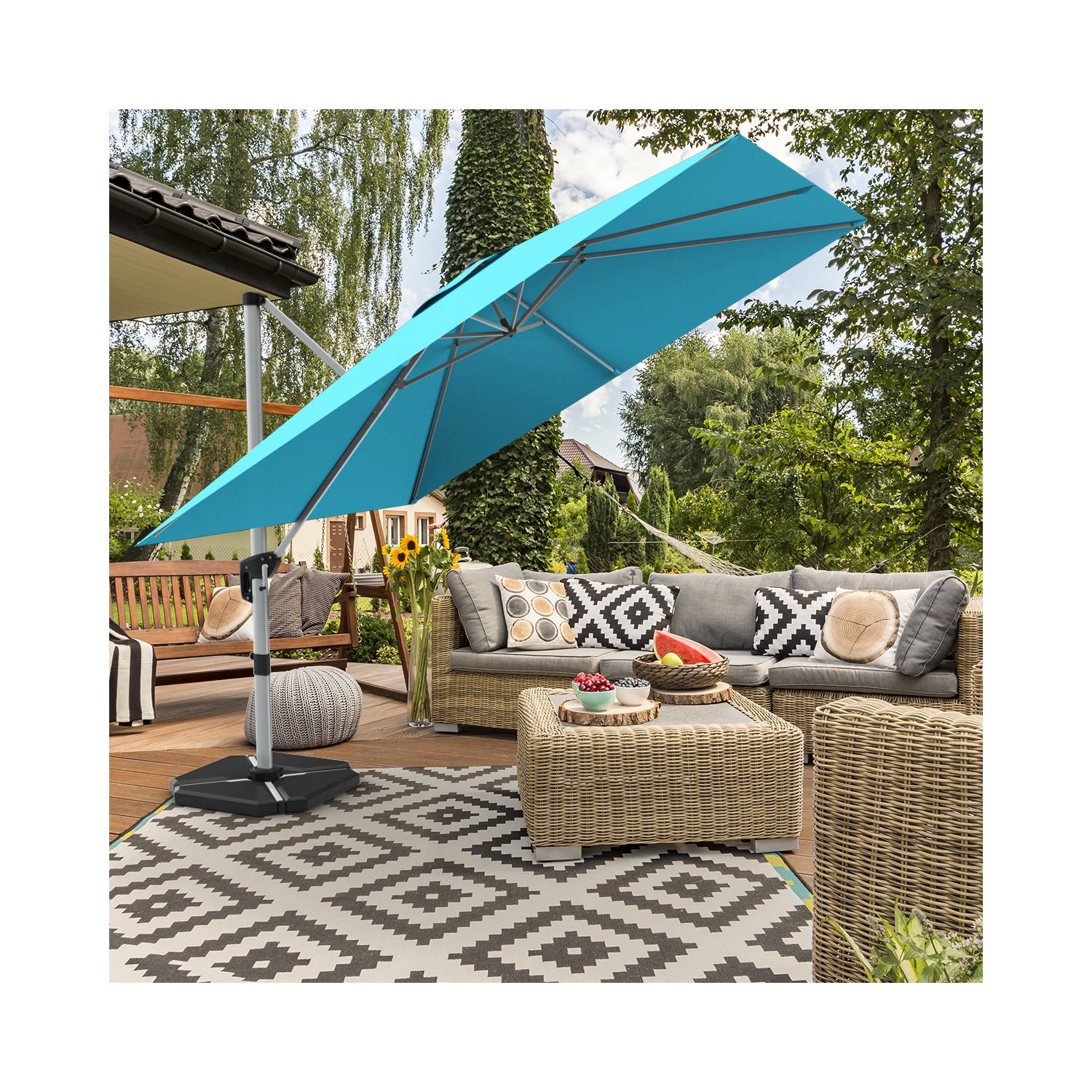 Gymax 10Ft Square Offset Hanging Patio Umbrella w/ Base 360 Degree Tilt Brick Red/Red/Blue/Beige/Tan