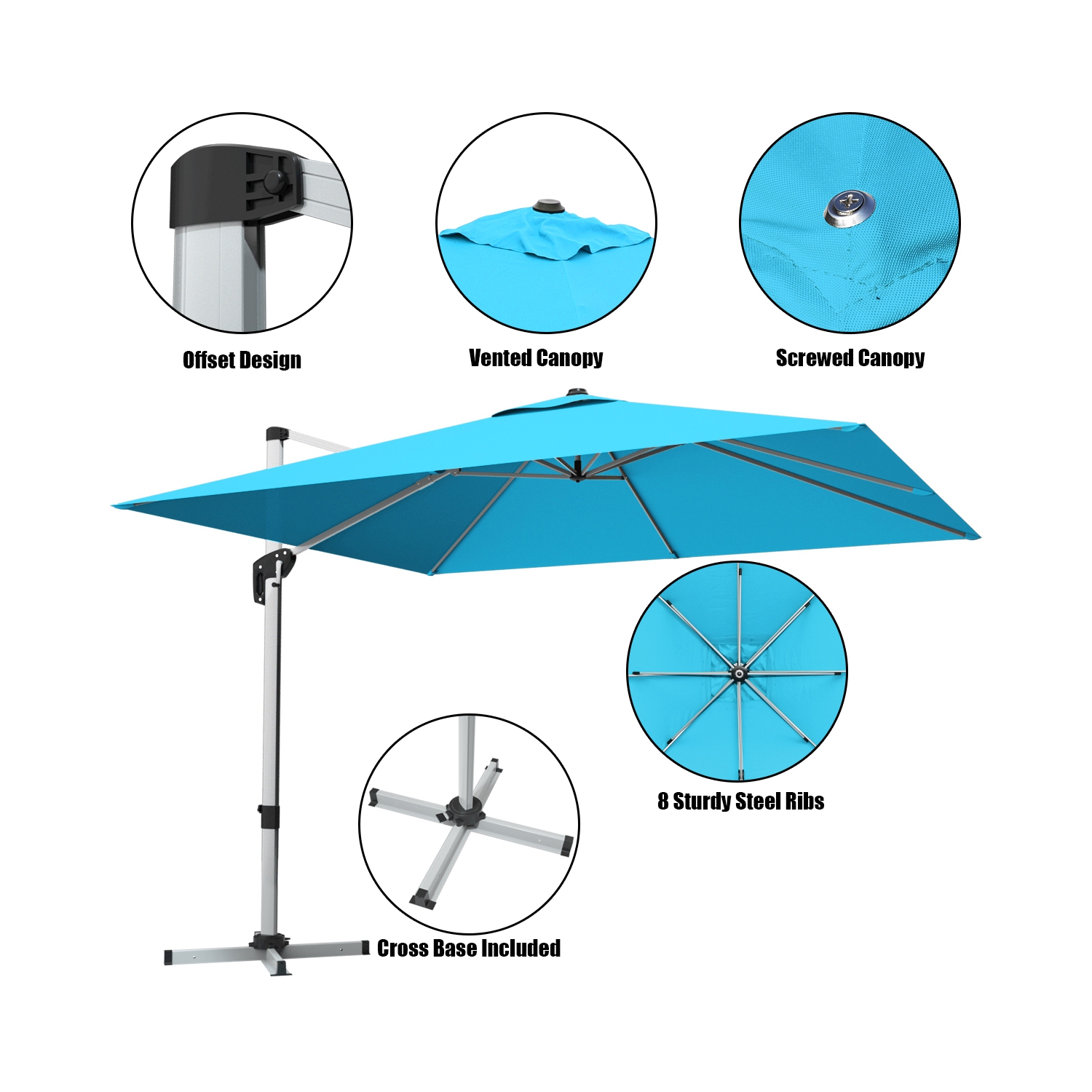 Gymax 10Ft Square Offset Hanging Patio Umbrella w/ Base 360 Degree Tilt Brick Red/Red/Blue/Beige/Tan