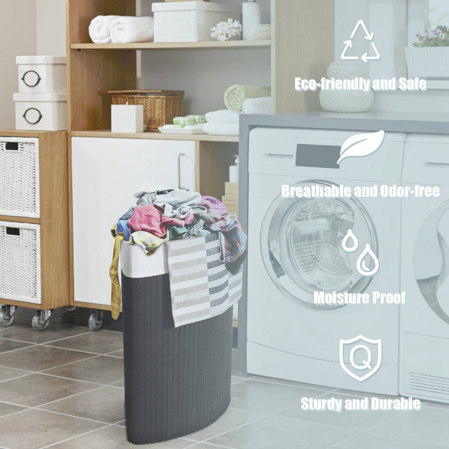 Costway Corner Bamboo Hamper Laundry Basket Washing Cloth Bin Storage Bag Lid