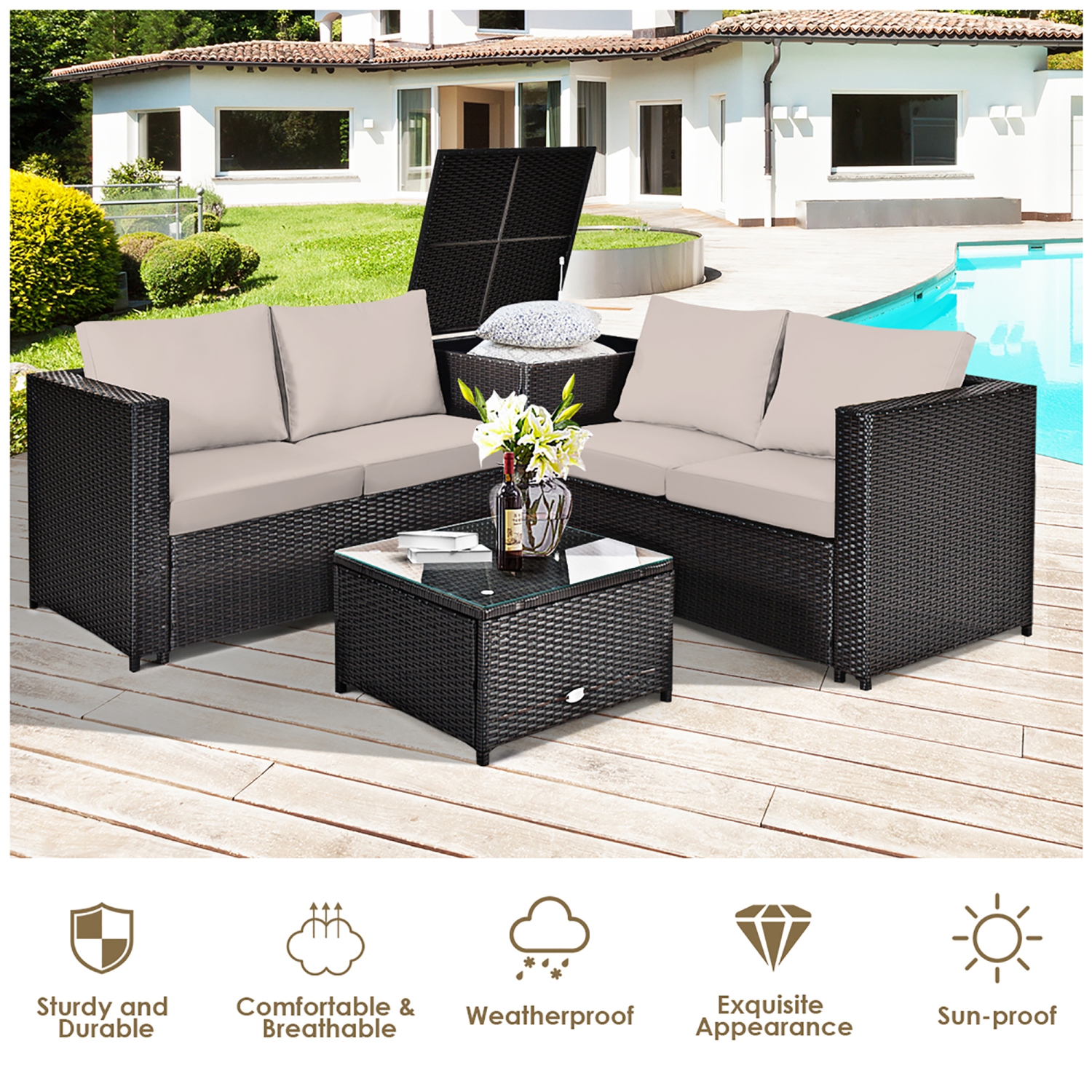 Costway Modern 4-Piece Outdoor Patio Sectional Conversation Set Rattan Cushioned Loveseat Storage Table