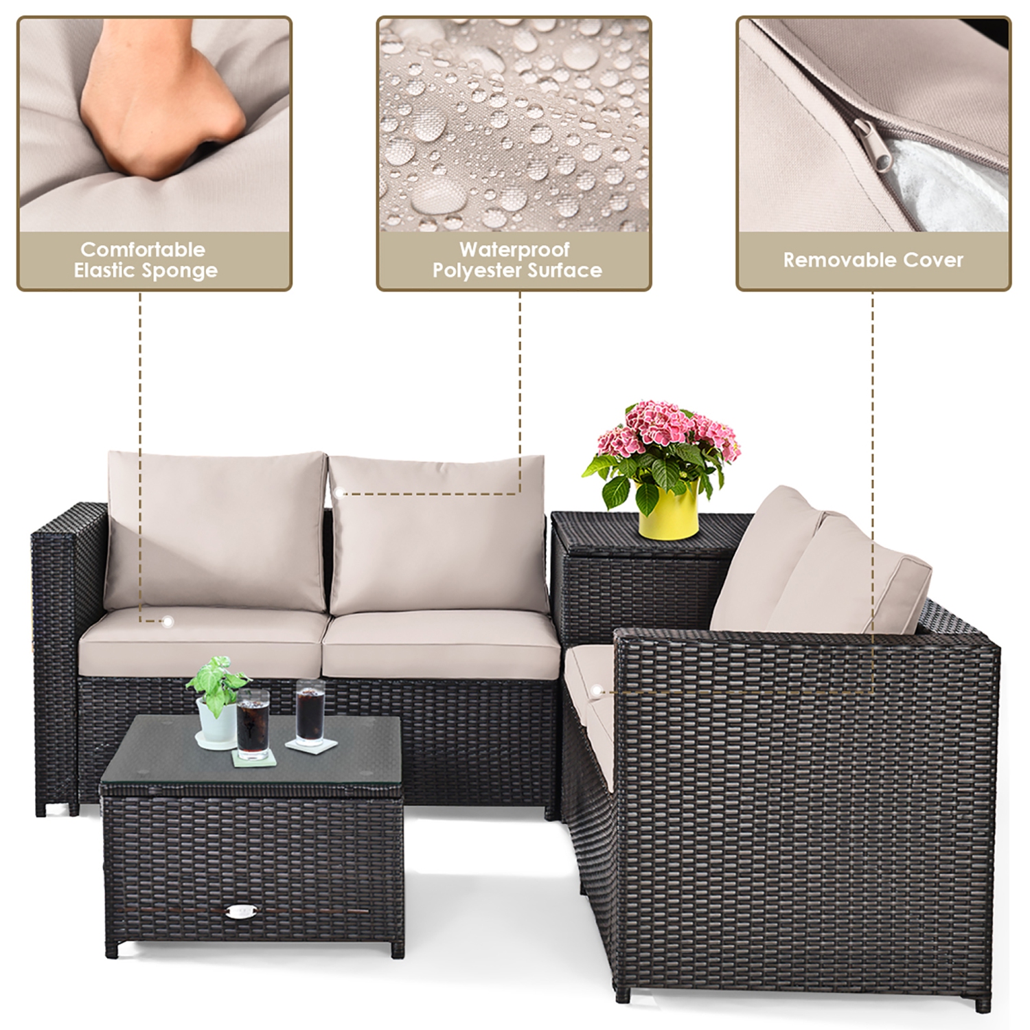 Costway Modern 4-Piece Outdoor Patio Sectional Conversation Set Rattan Cushioned Loveseat Storage Table