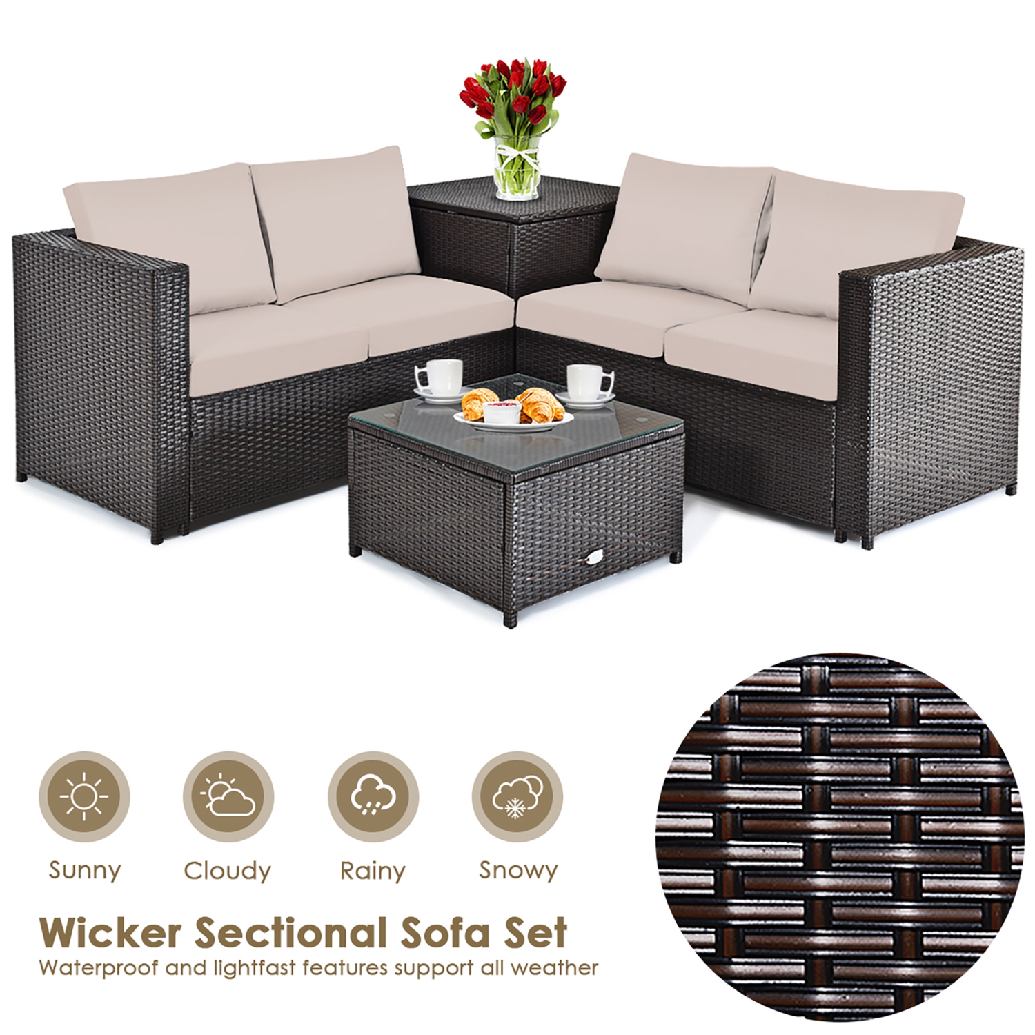 Costway Modern 4-Piece Outdoor Patio Sectional Conversation Set Rattan Cushioned Loveseat Storage Table