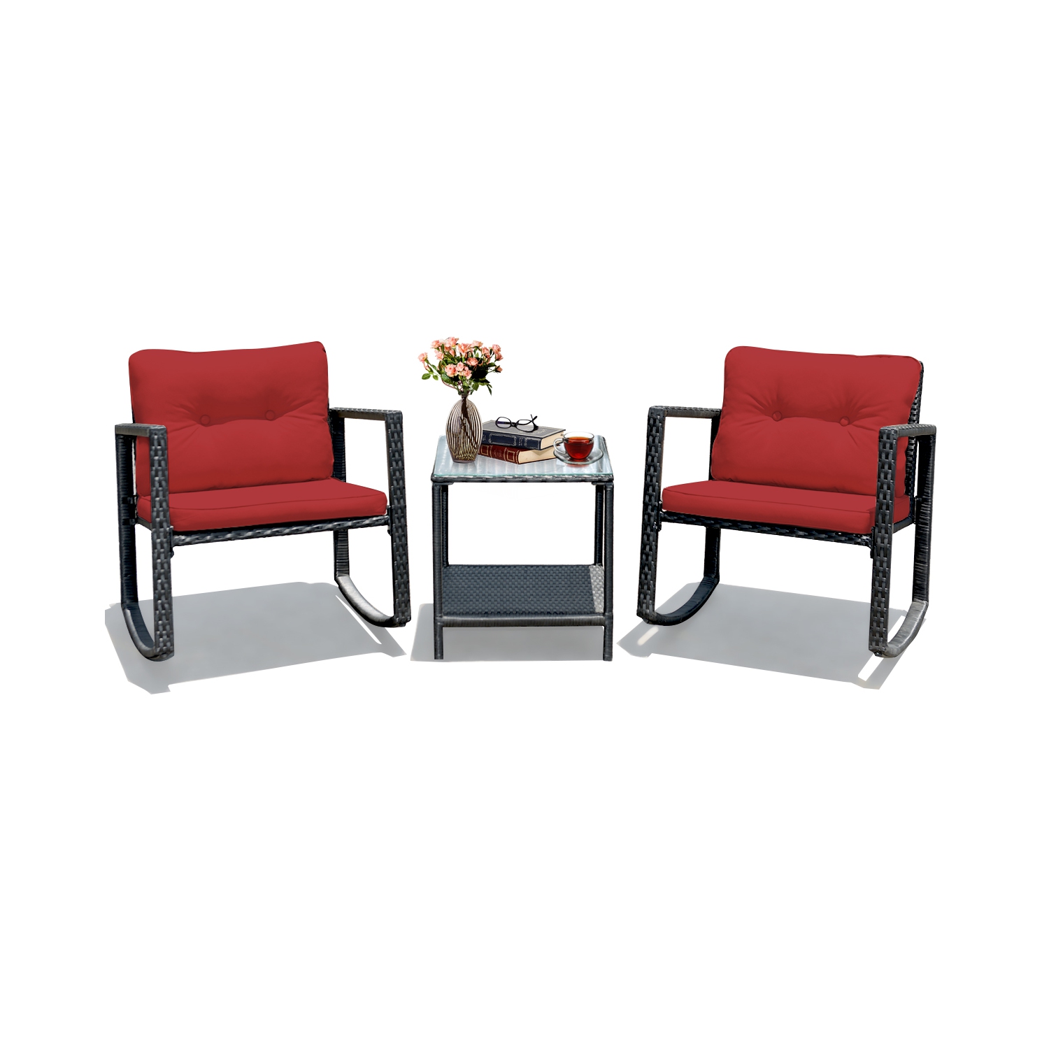 Costway 3PCS Patio Rattan Furniture Set Rocking Chairs Cushioned Sofa