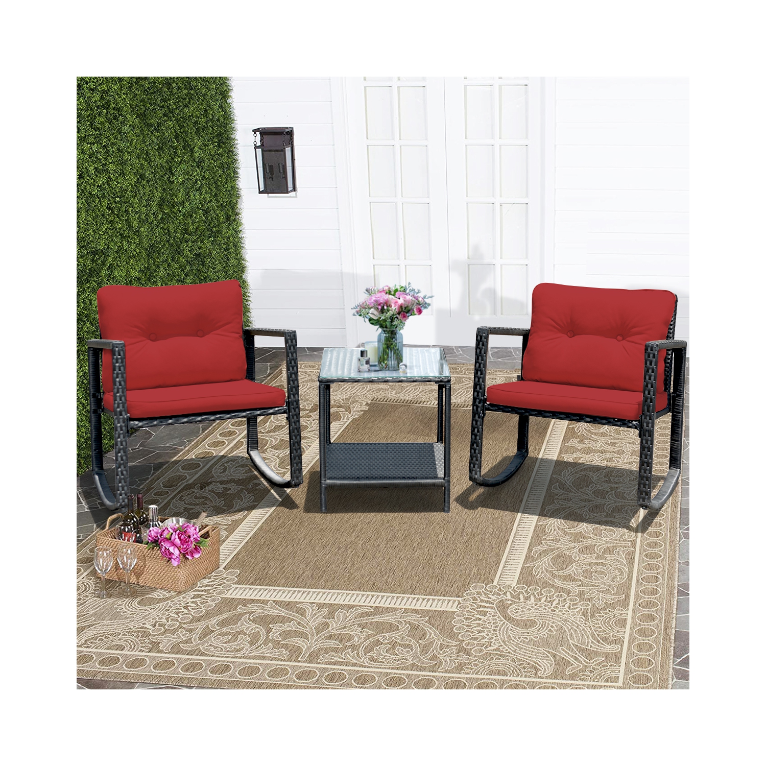Costway 3PCS Patio Rattan Furniture Set Rocking Chairs Cushioned Sofa