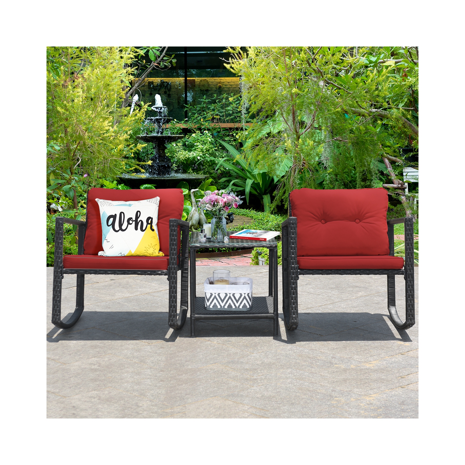 Costway 3PCS Patio Rattan Furniture Set Rocking Chairs Cushioned Sofa
