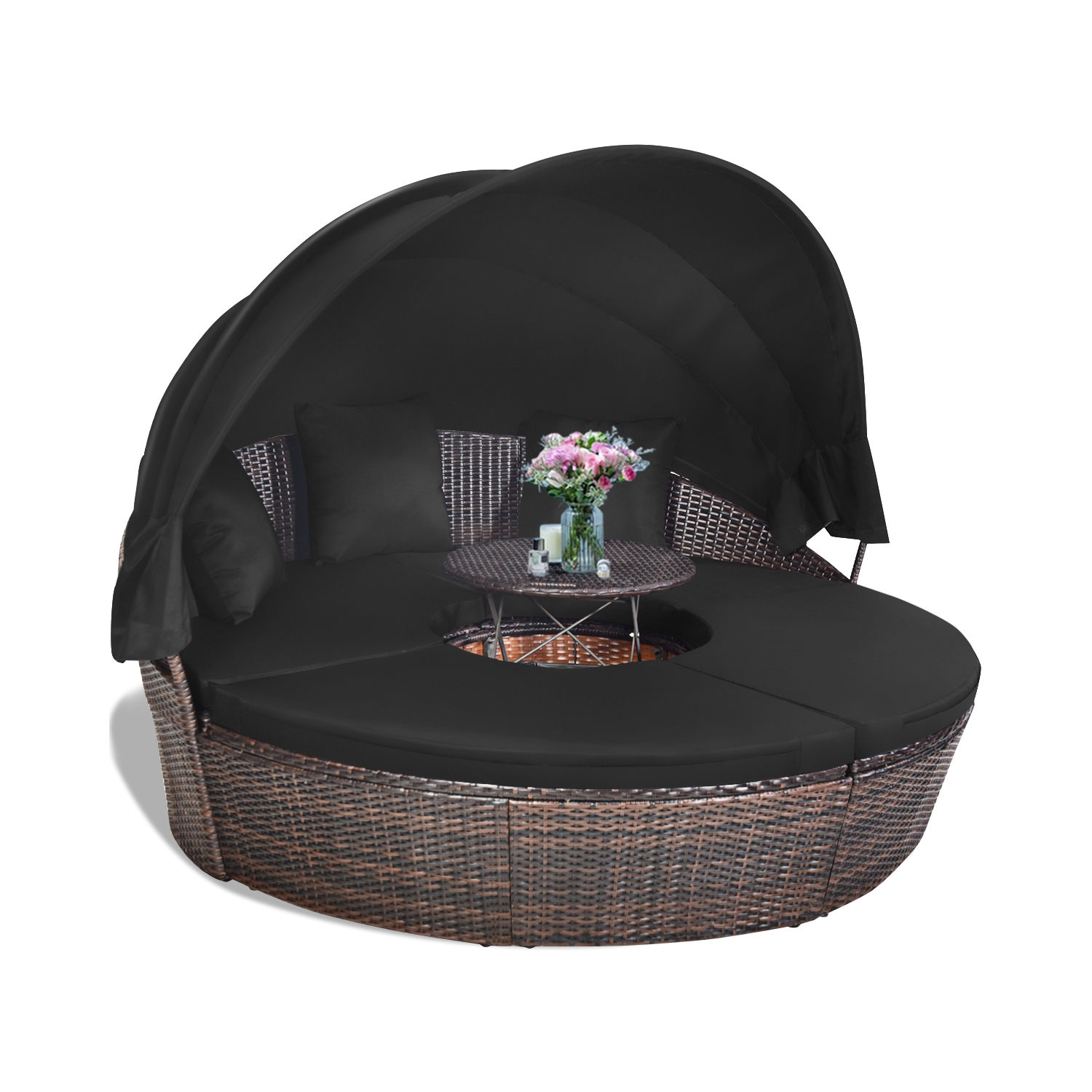 Canapé lit d’extérieur rembourré en rotin pour le patio couleur noir Costway