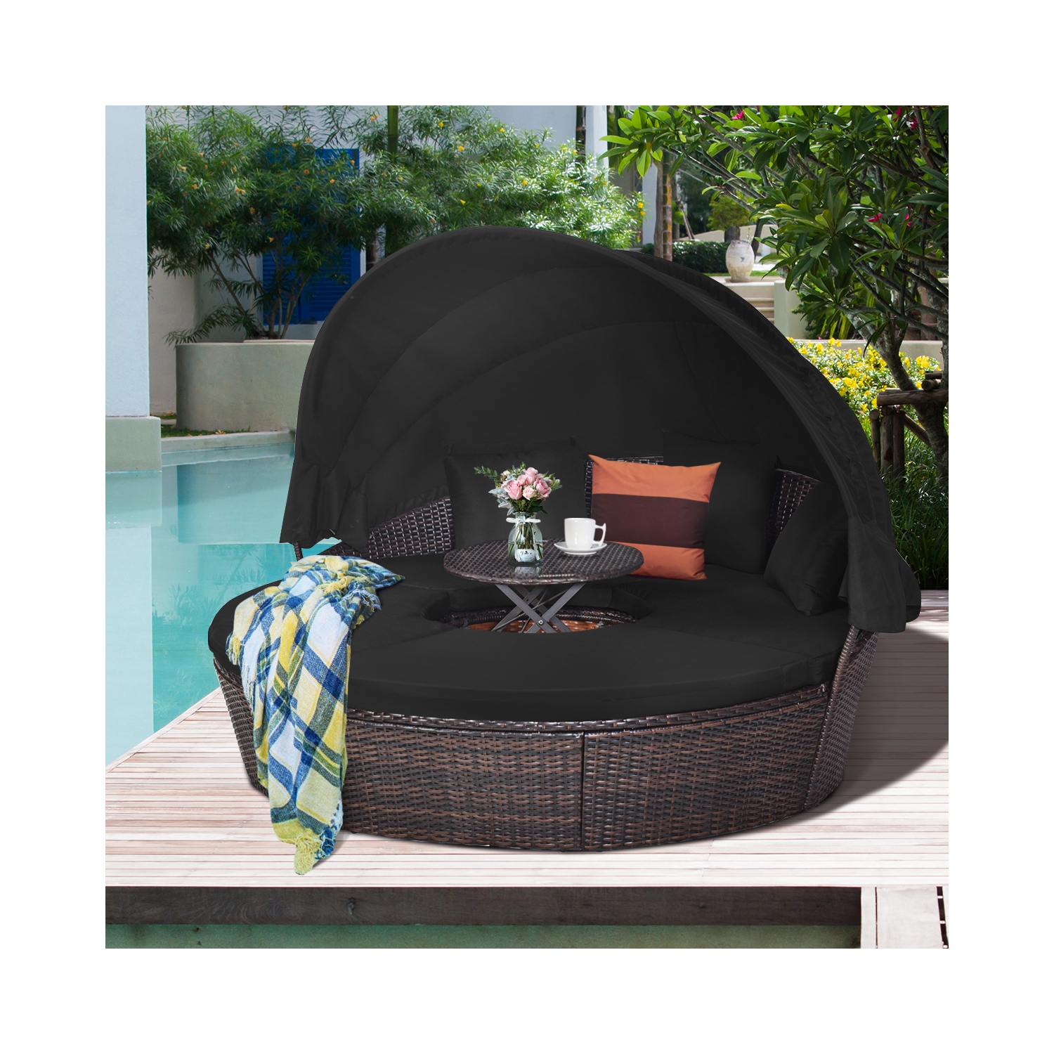 Canapé lit d’extérieur rembourré en rotin pour le patio couleur noir Costway