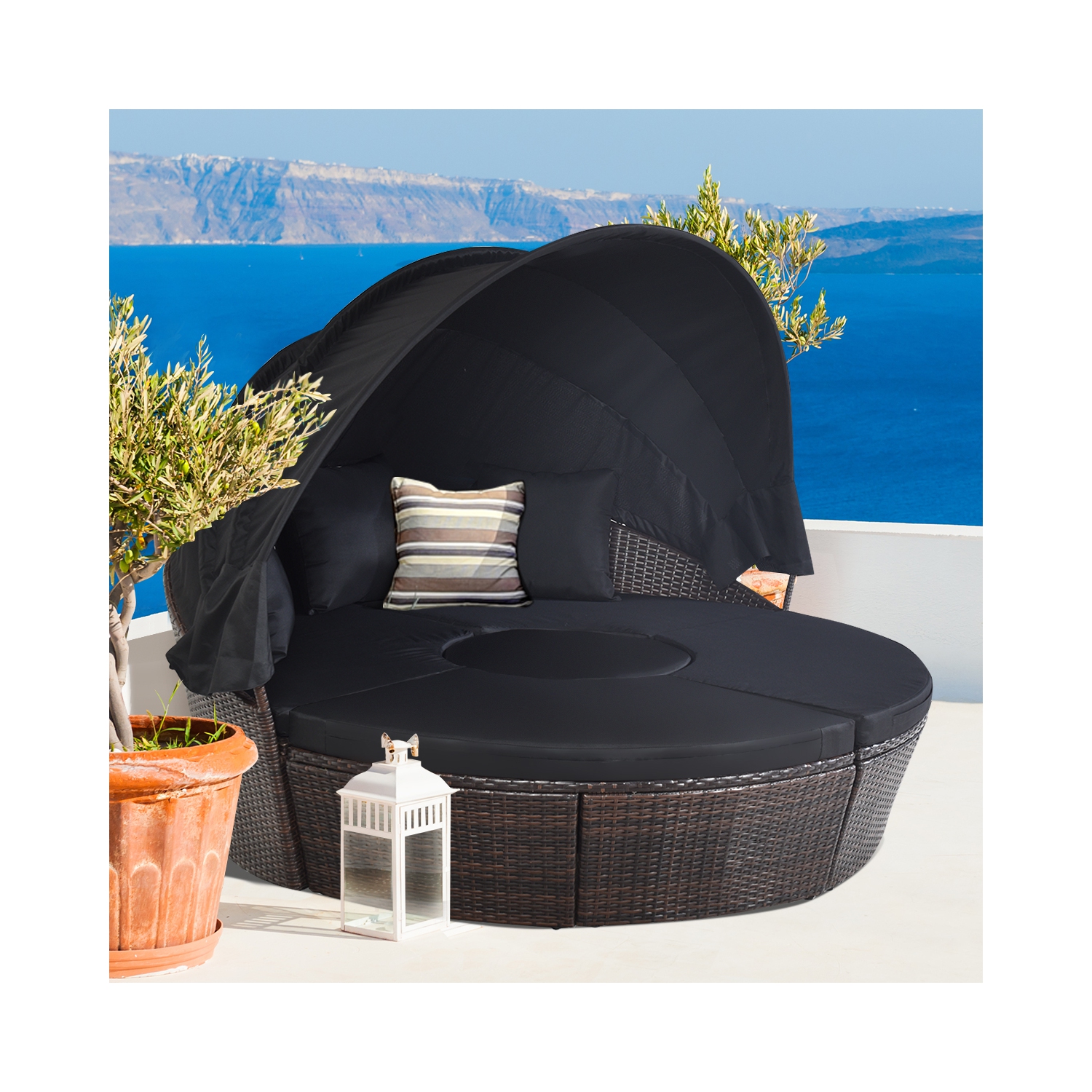 Canapé lit d’extérieur rembourré en rotin pour le patio couleur noir Costway