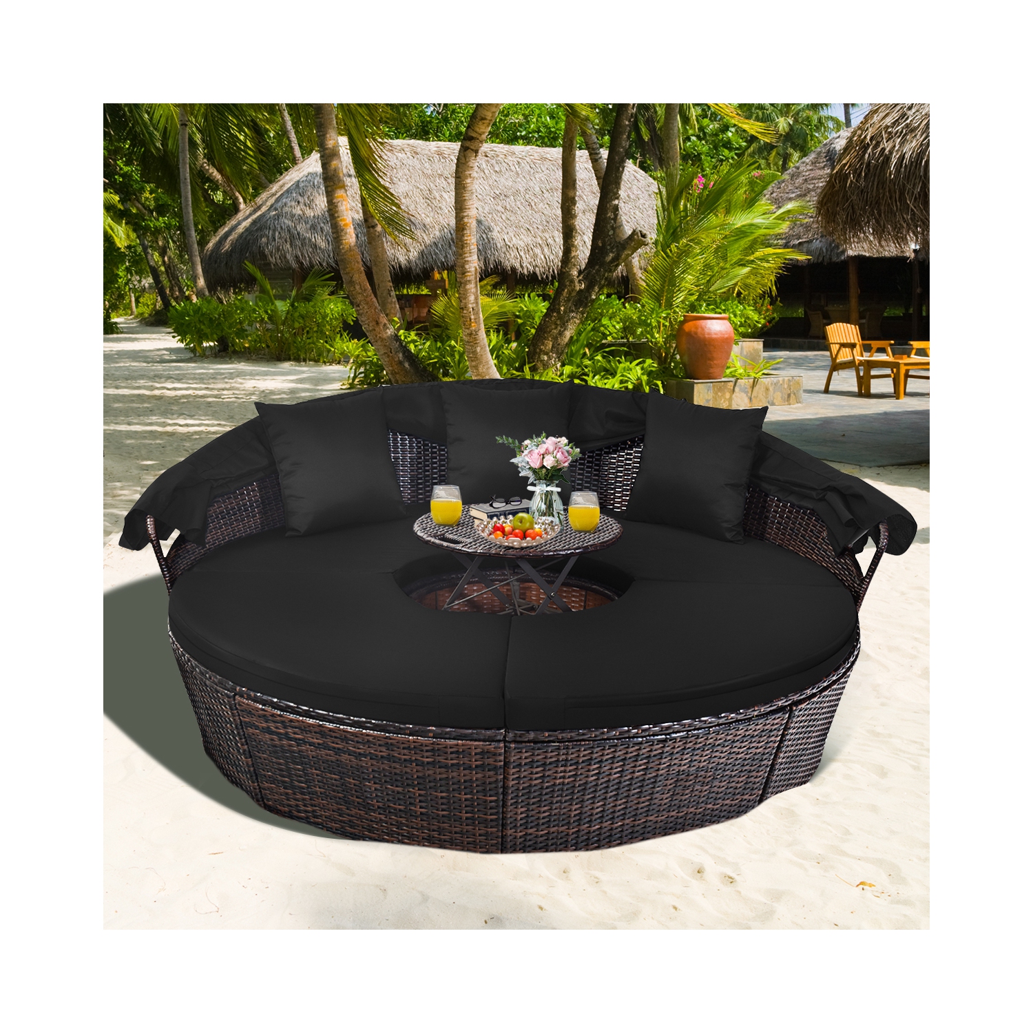 Canapé lit d’extérieur rembourré en rotin pour le patio couleur noir Costway