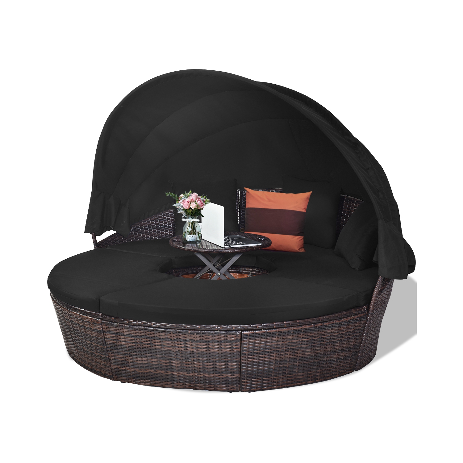 Canapé lit d’extérieur rembourré en rotin pour le patio couleur noir Costway