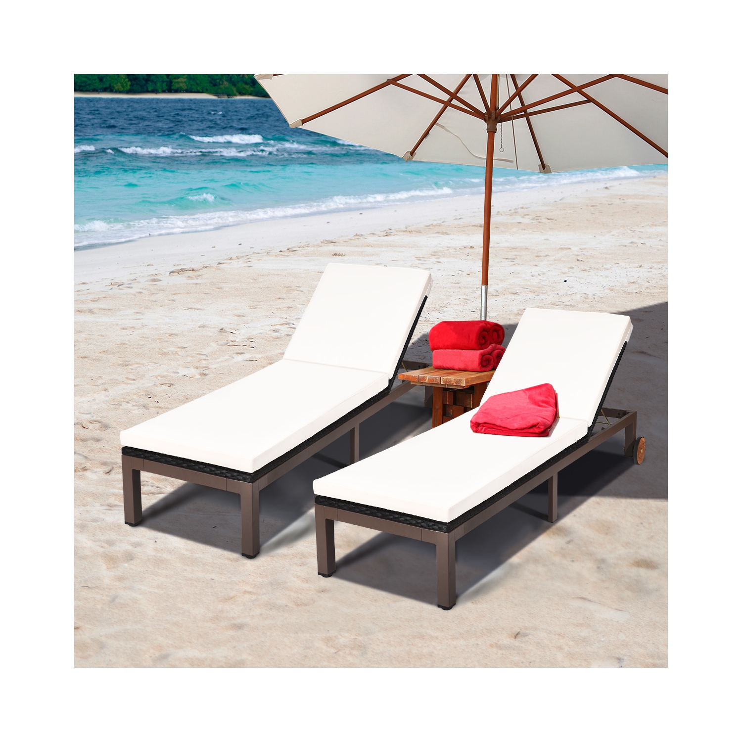 Costway 2PC Patio Rattan Lounge Chair Chaise Recliner Back Adjustable W/Wheels Cushioned