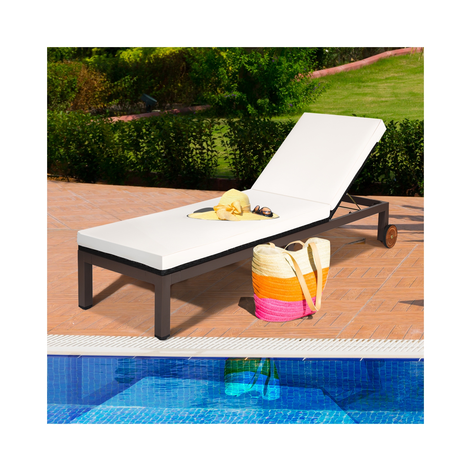 Costway 2PC Patio Rattan Lounge Chair Chaise Recliner Back Adjustable W/Wheels Cushioned