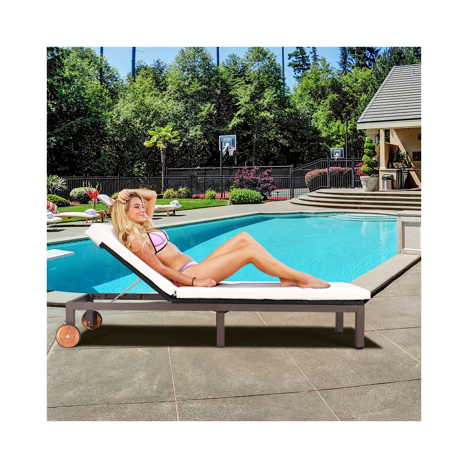 Costway 2PC Patio Rattan Lounge Chair Chaise Recliner Back Adjustable W/Wheels Cushioned