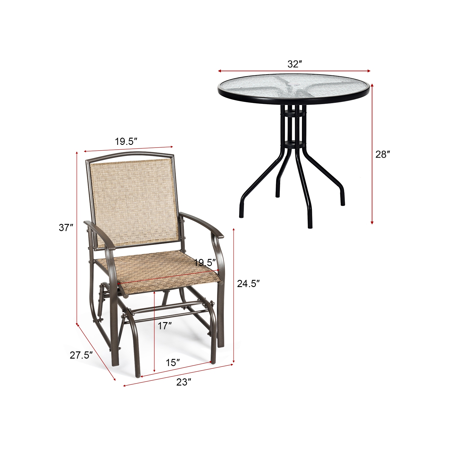 Costway 3PCS Patio Bistro Furniture Set Rocking Glider Chair Glass Table W/Umbrella Hole