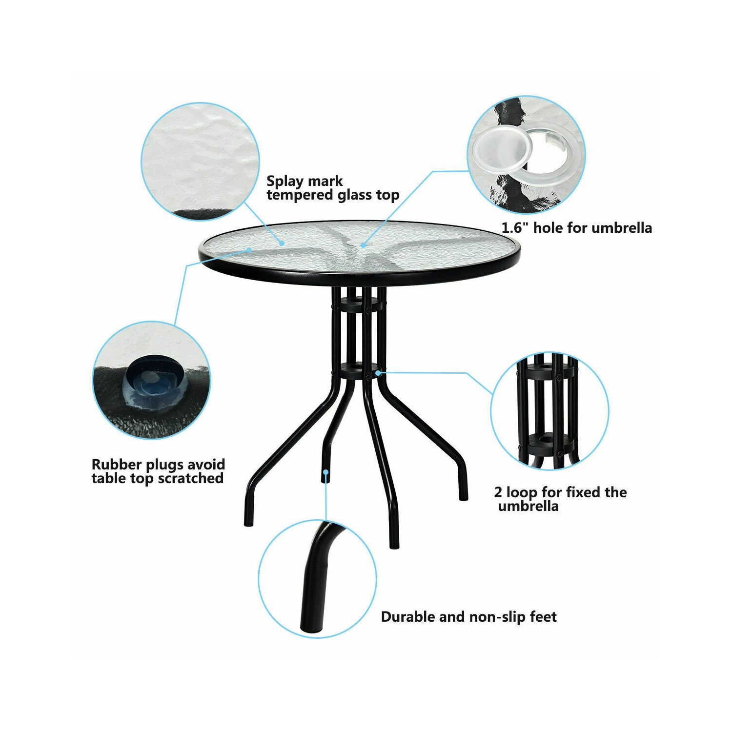 Costway 3PCS Patio Bistro Furniture Set Rocking Glider Chair Glass Table W/Umbrella Hole