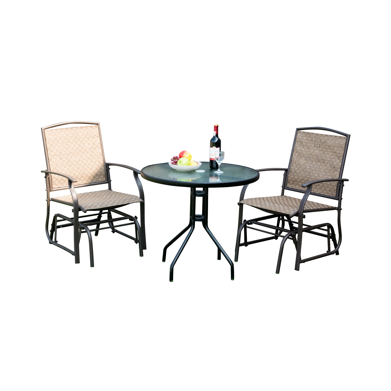 Costway 3PCS Patio Bistro Furniture Set Rocking Glider Chair Glass Table W/Umbrella Hole