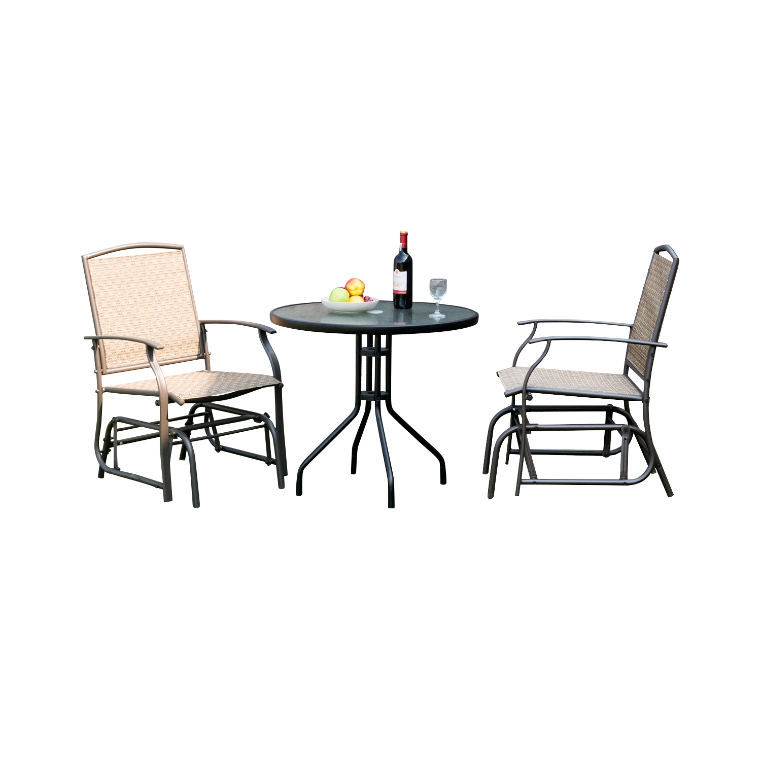 Costway 3PCS Patio Bistro Furniture Set Rocking Glider Chair Glass Table W/Umbrella Hole