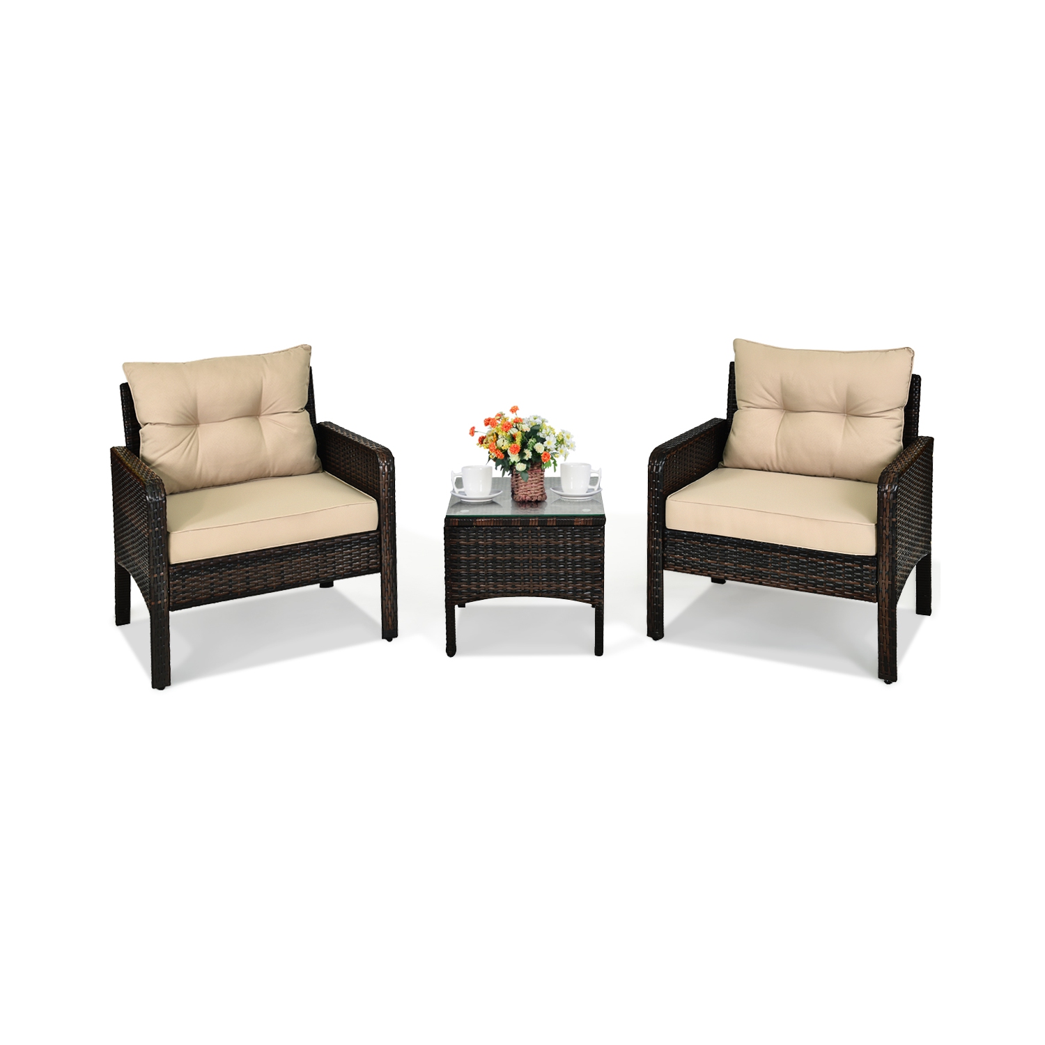 Costway 3PCS Outdoor Rattan Conversation Set Patio Garden Cushioned Sofa Chair