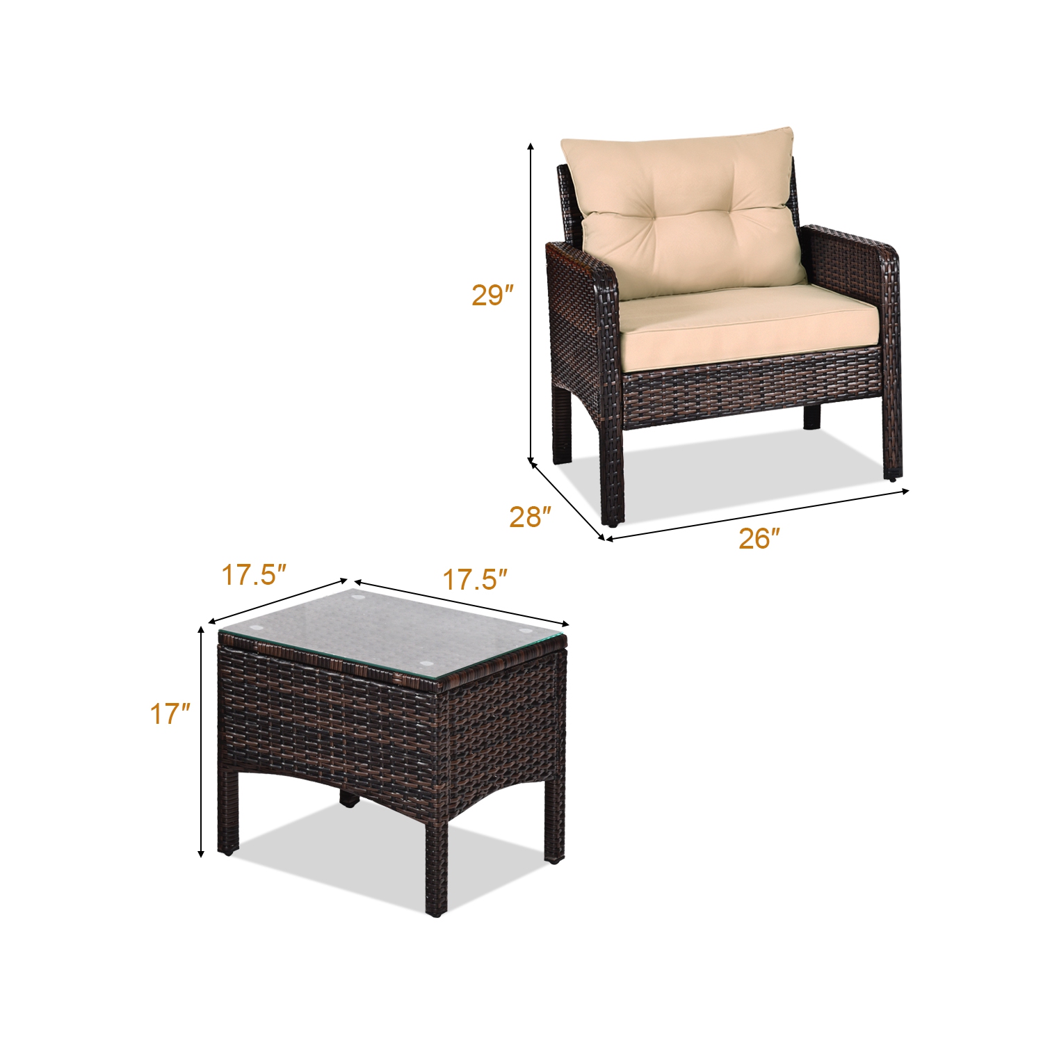 Costway 3PCS Outdoor Rattan Conversation Set Patio Garden Cushioned Sofa Chair