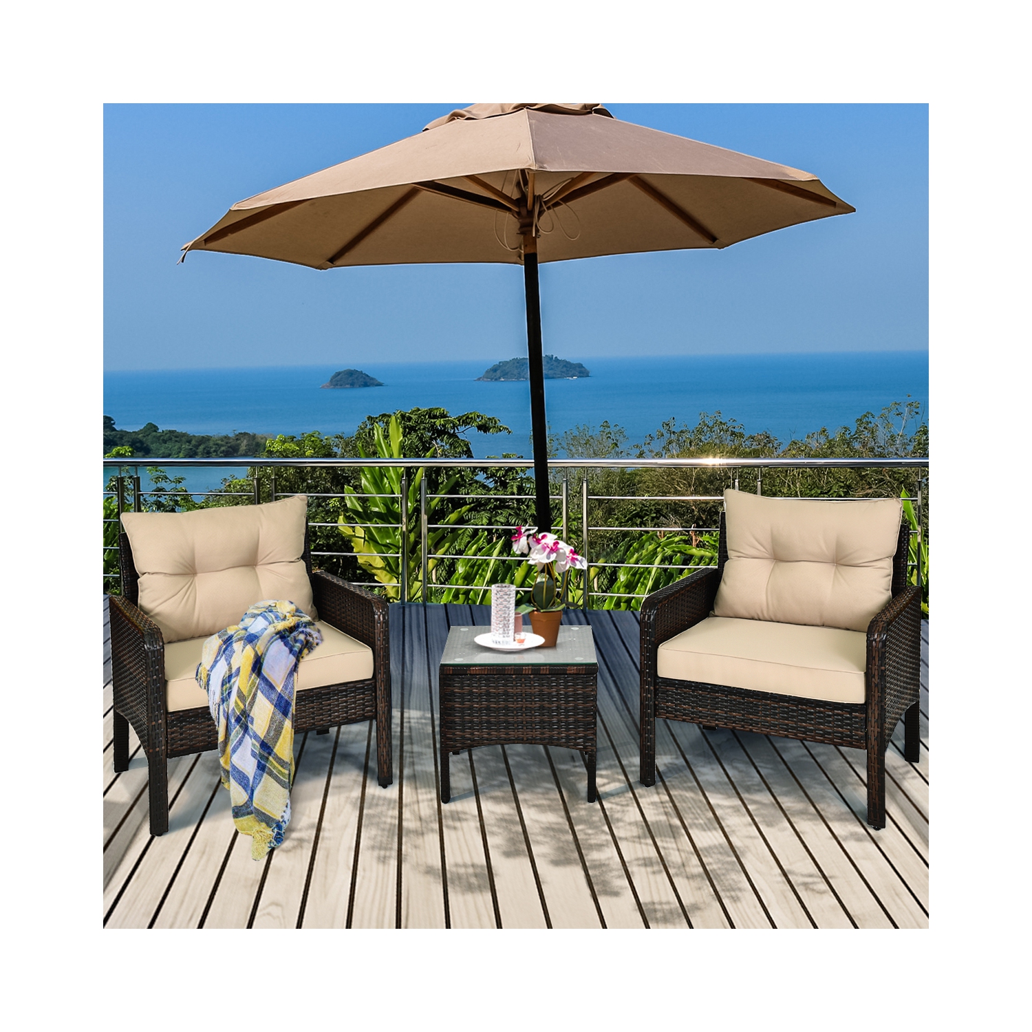 Costway 3PCS Outdoor Rattan Conversation Set Patio Garden Cushioned Sofa Chair