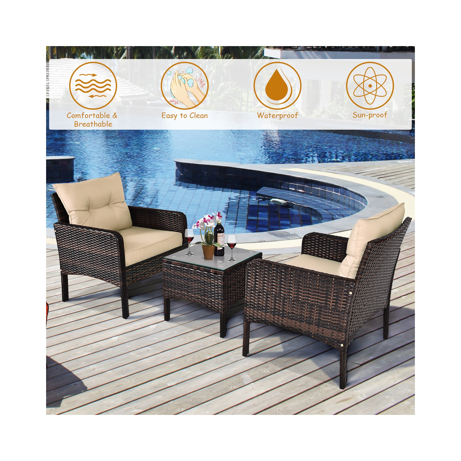 Costway 3PCS Outdoor Rattan Conversation Set Patio Garden Cushioned Sofa Chair