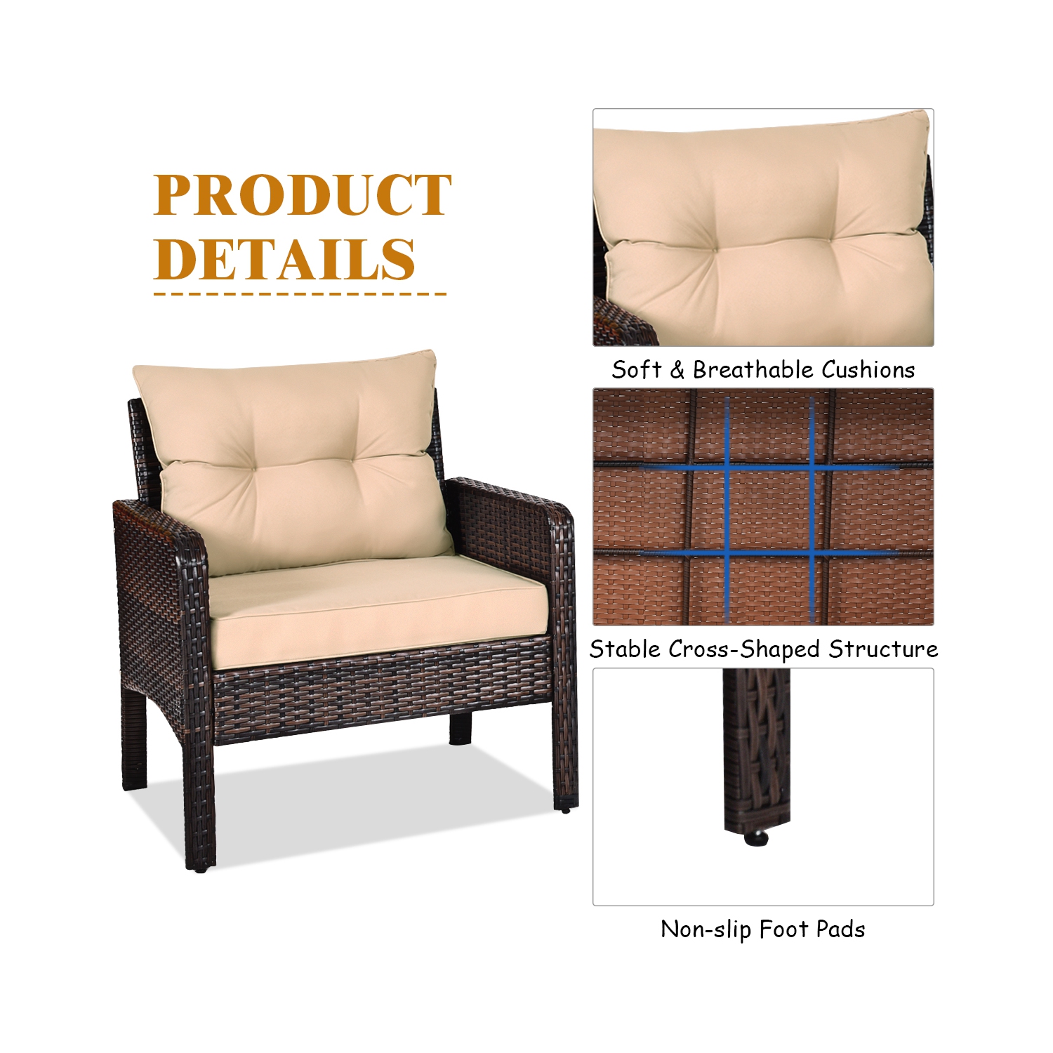 Costway 3PCS Outdoor Rattan Conversation Set Patio Garden Cushioned Sofa Chair