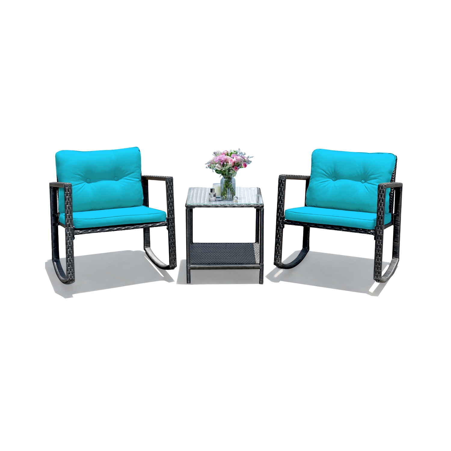 Costway 3PCS Patio Rattan Furniture Set Rocking Chairs Cushioned Sofa