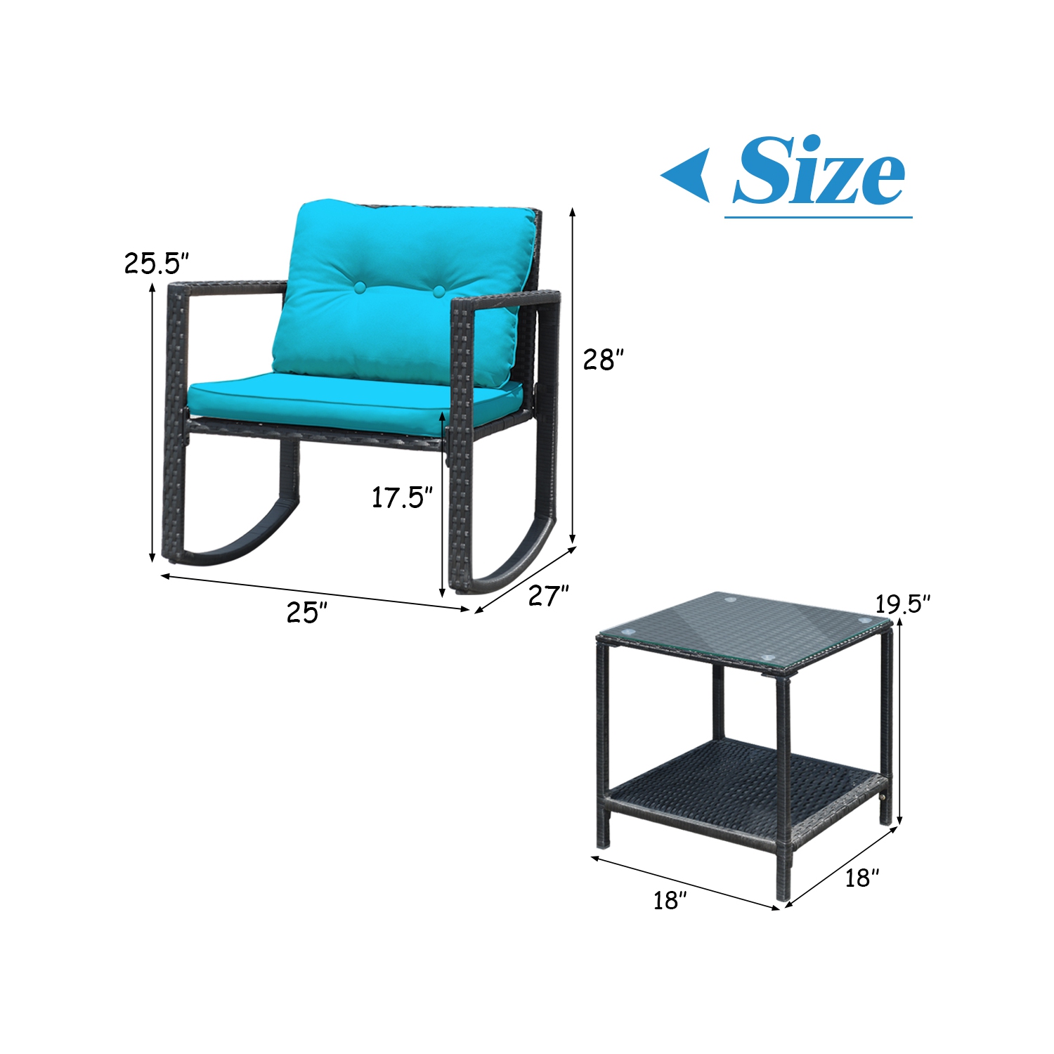 Costway 3PCS Patio Rattan Furniture Set Rocking Chairs Cushioned Sofa