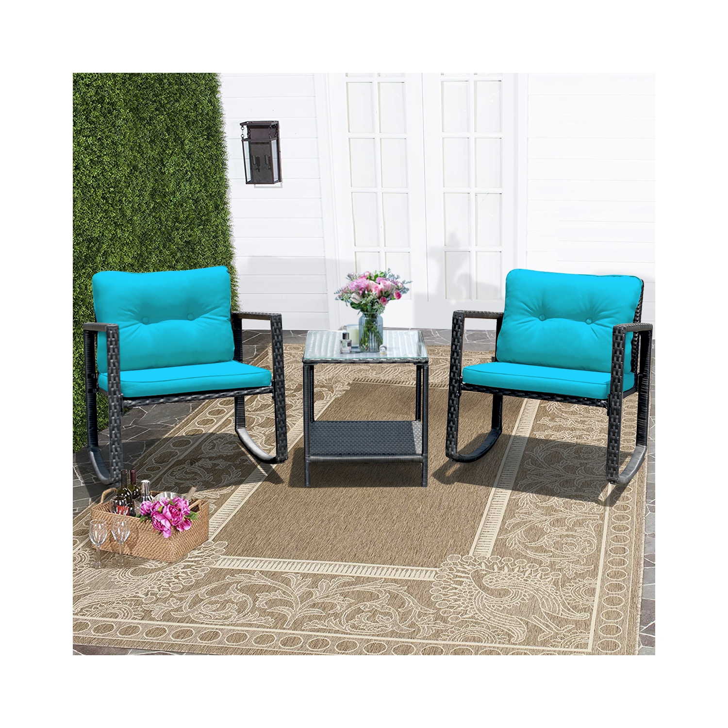 Costway 3PCS Patio Rattan Furniture Set Rocking Chairs Cushioned Sofa