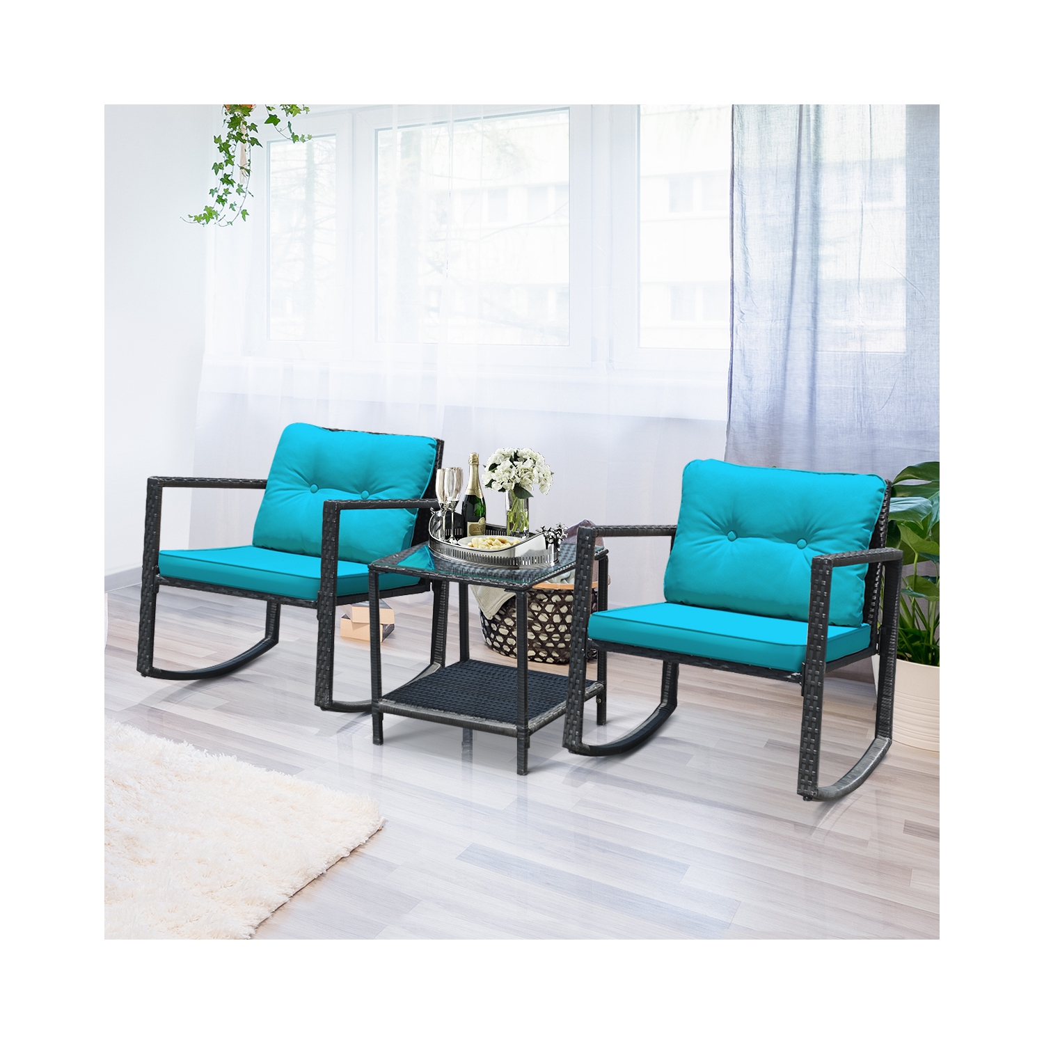 Costway 3PCS Patio Rattan Furniture Set Rocking Chairs Cushioned Sofa