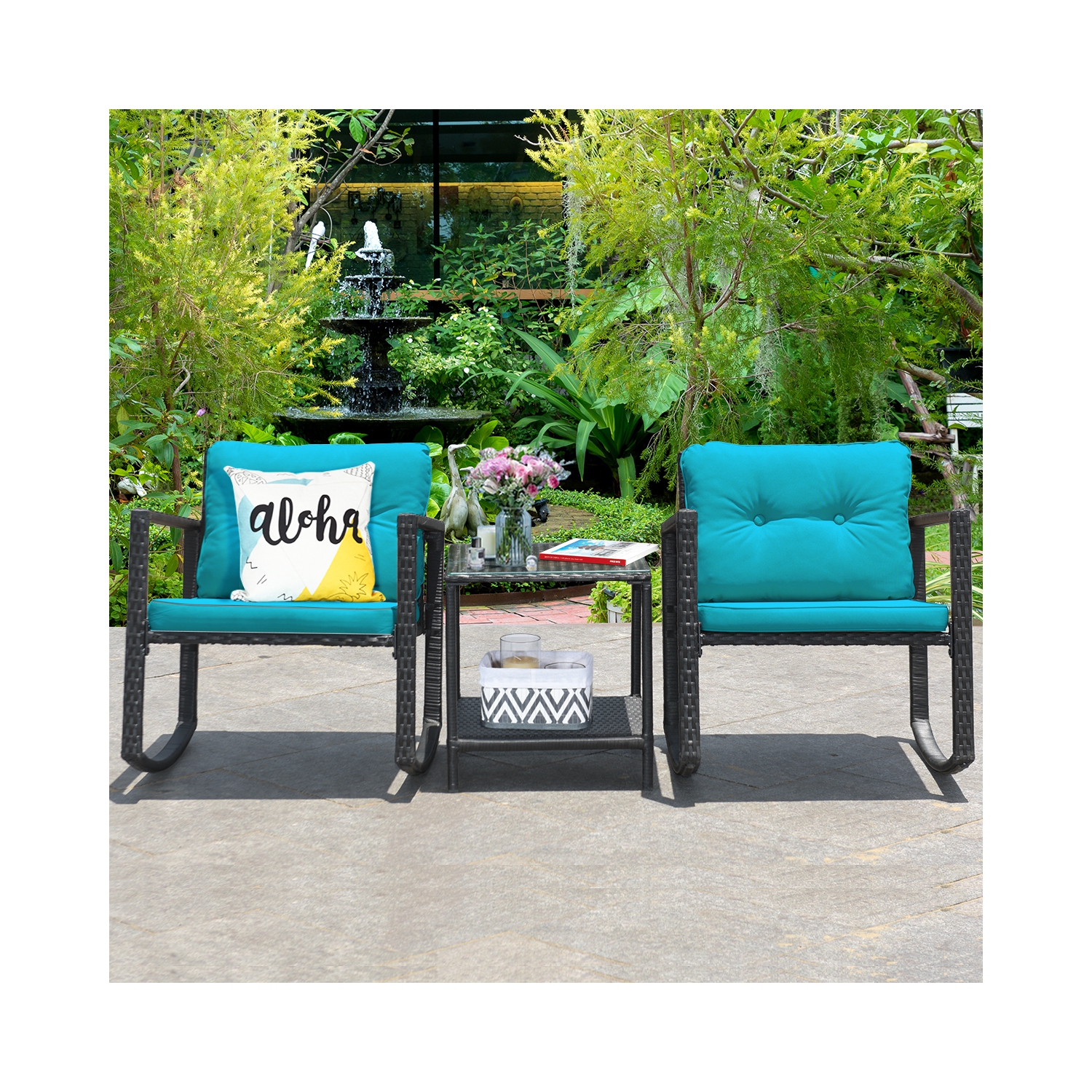 Costway 3PCS Patio Rattan Furniture Set Rocking Chairs Cushioned Sofa