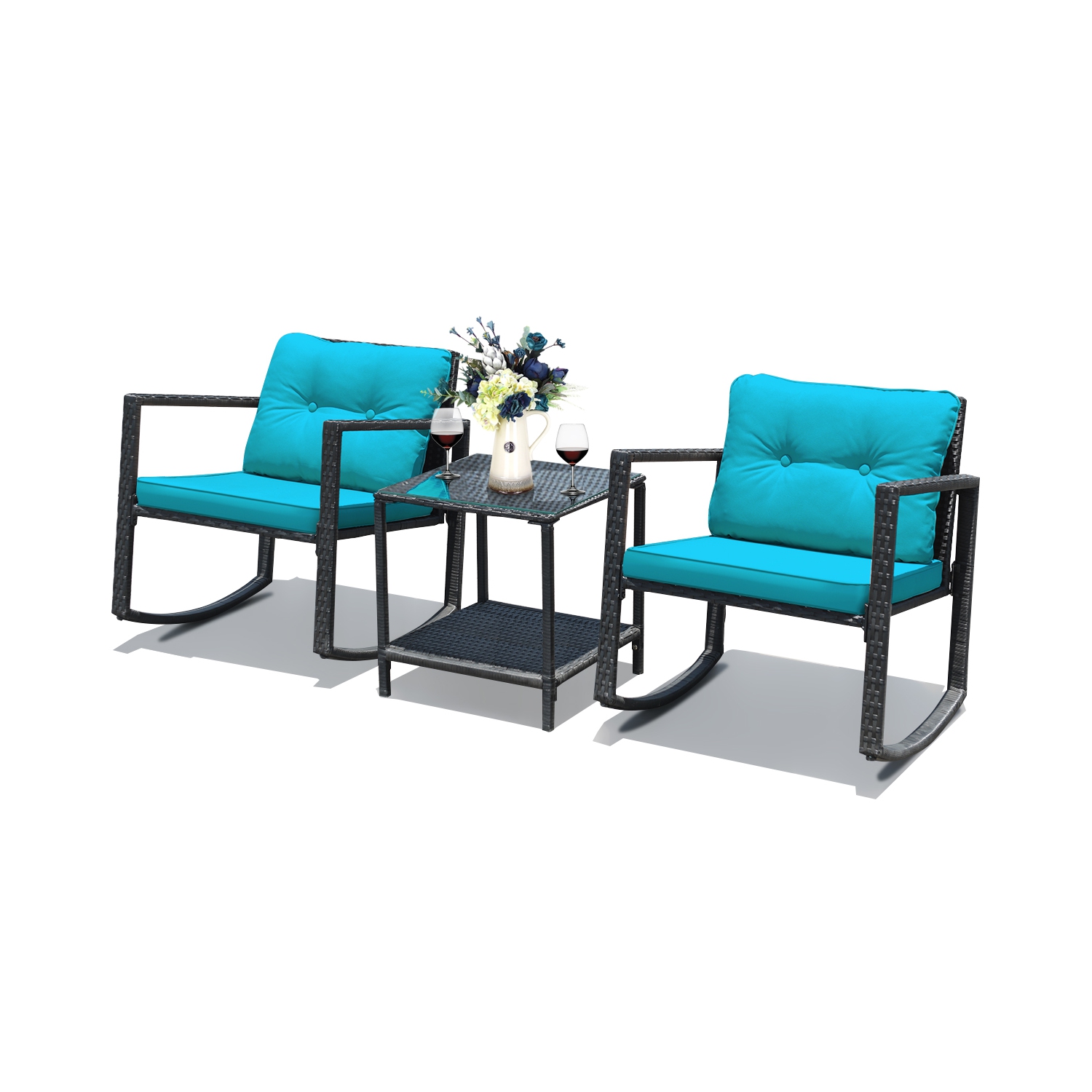 Costway 3PCS Patio Rattan Furniture Set Rocking Chairs Cushioned Sofa