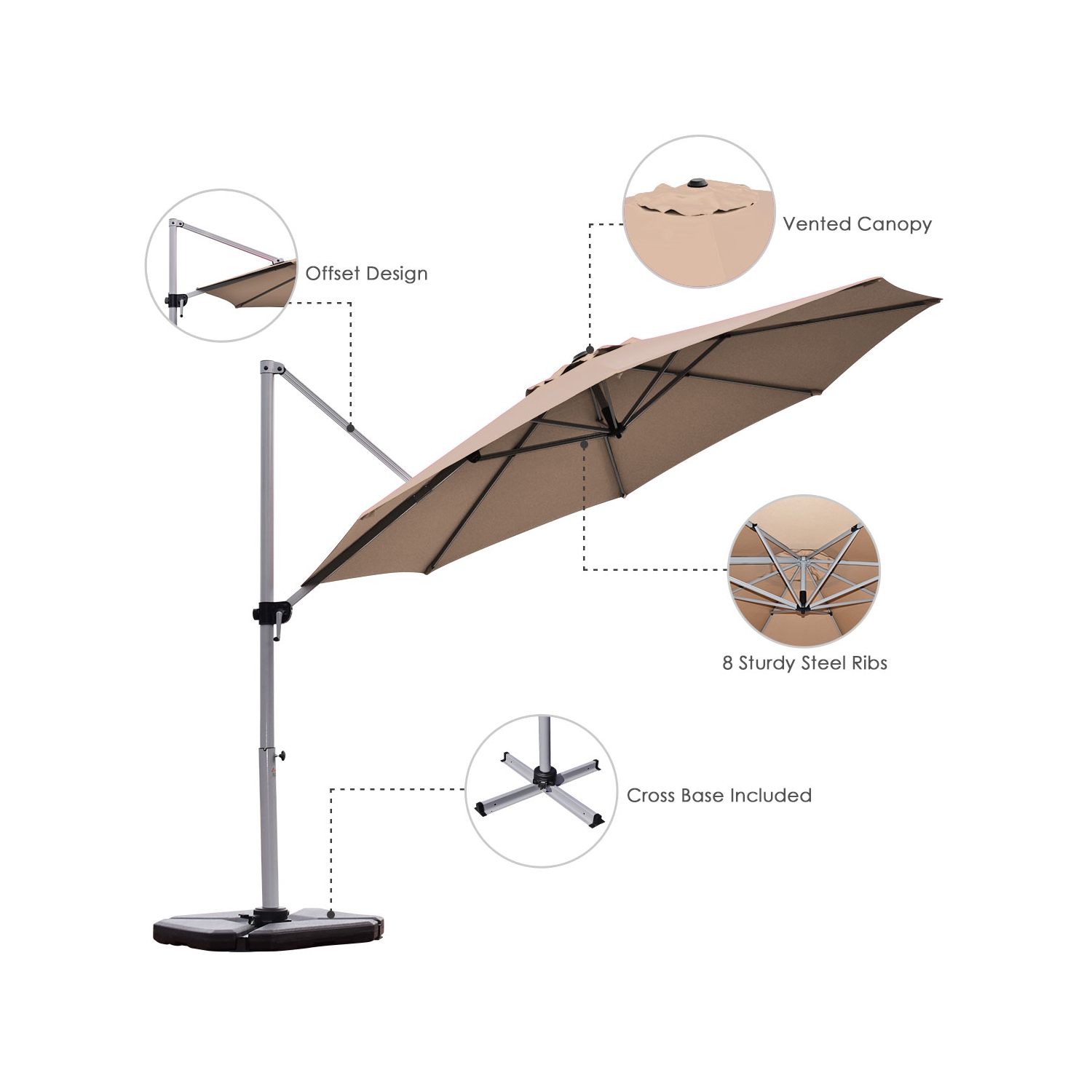 Marque Costway Parasol déporté de 3,35 mètres de patio Rotation à 360 degrés Aluminium Inclinable Tan