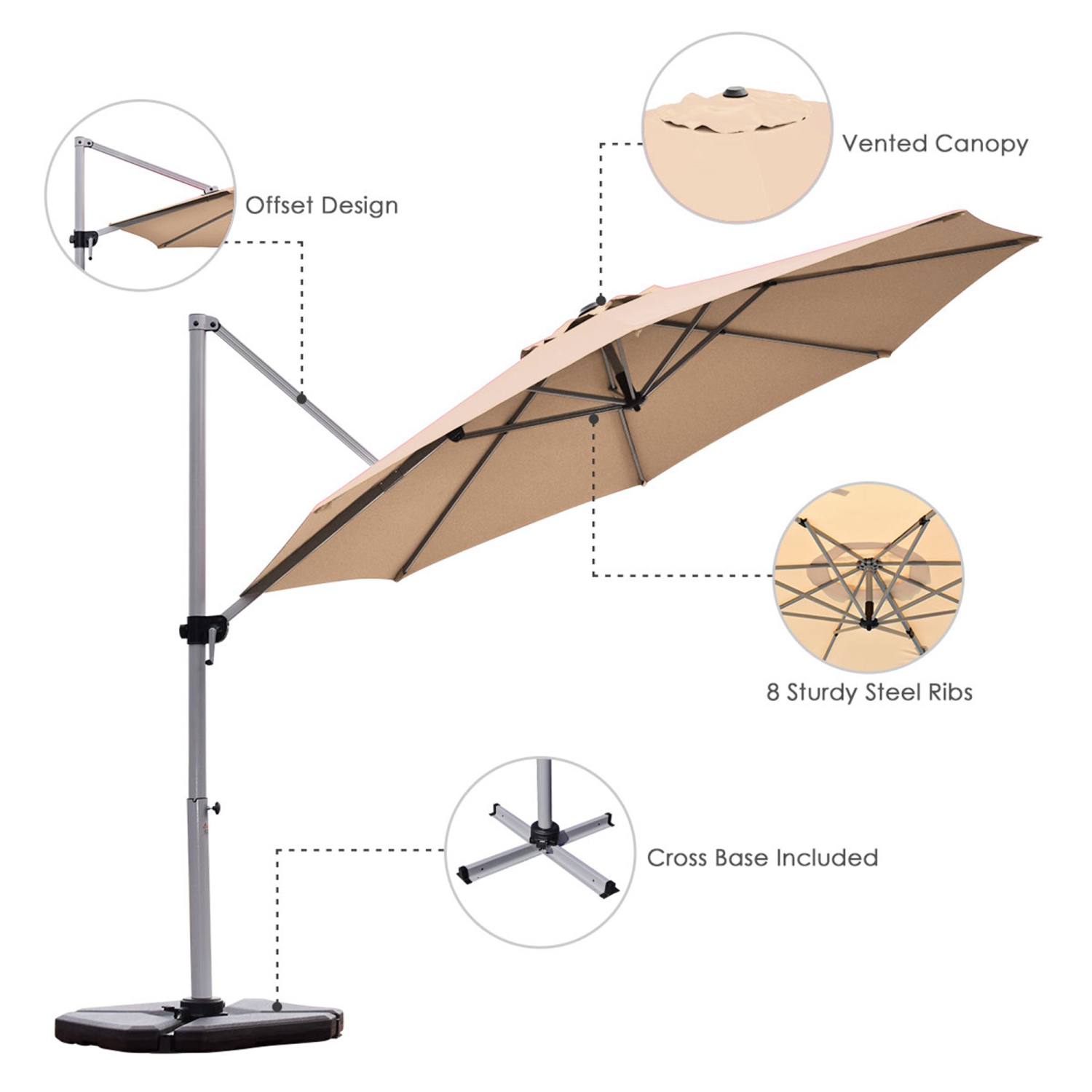 Costway 11' Patio Cantilever Offset Umbrella 360 degrees Rotation Aluminum Tilt Base Beige