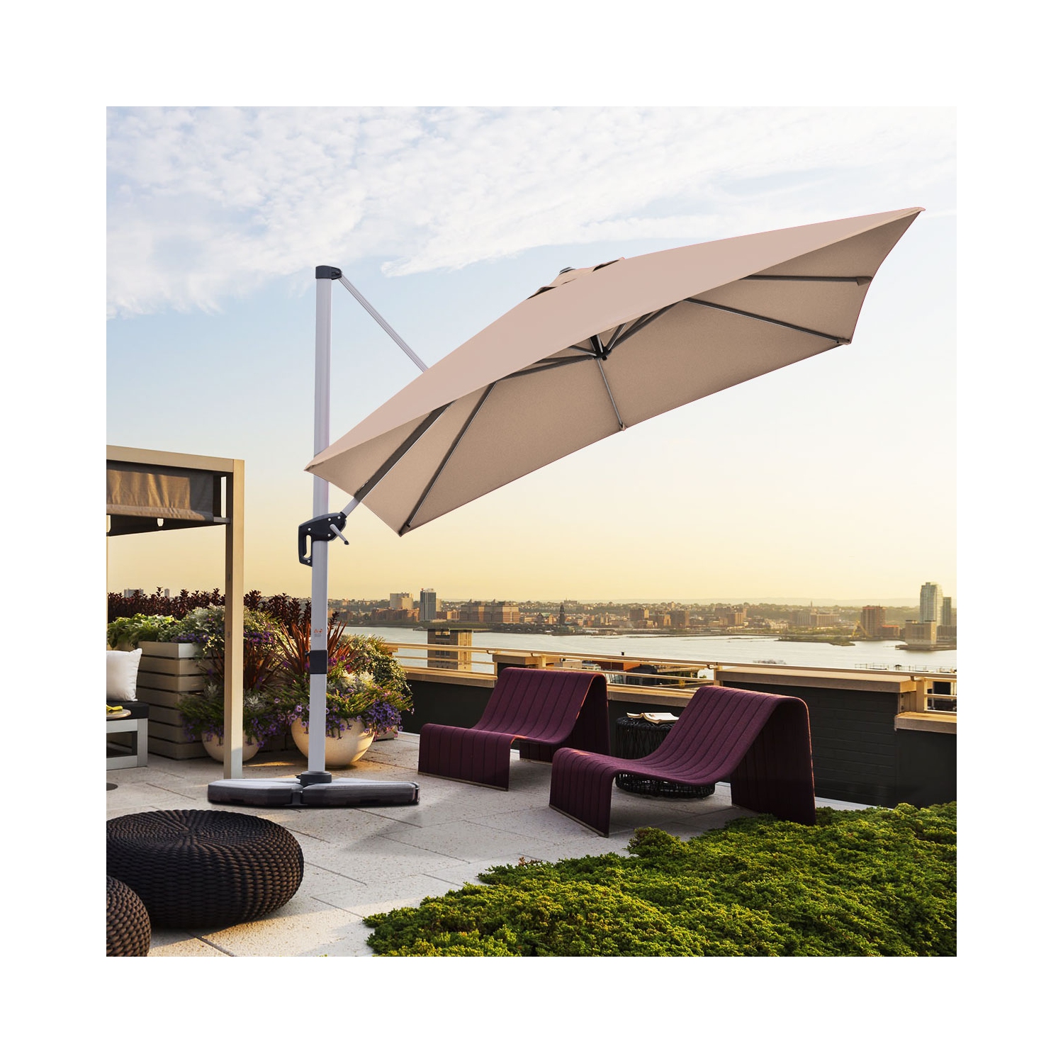 Costway 10Ft Patio Offset Cantilever Umbrella 360 Degree Tilt Aluminum W/Base