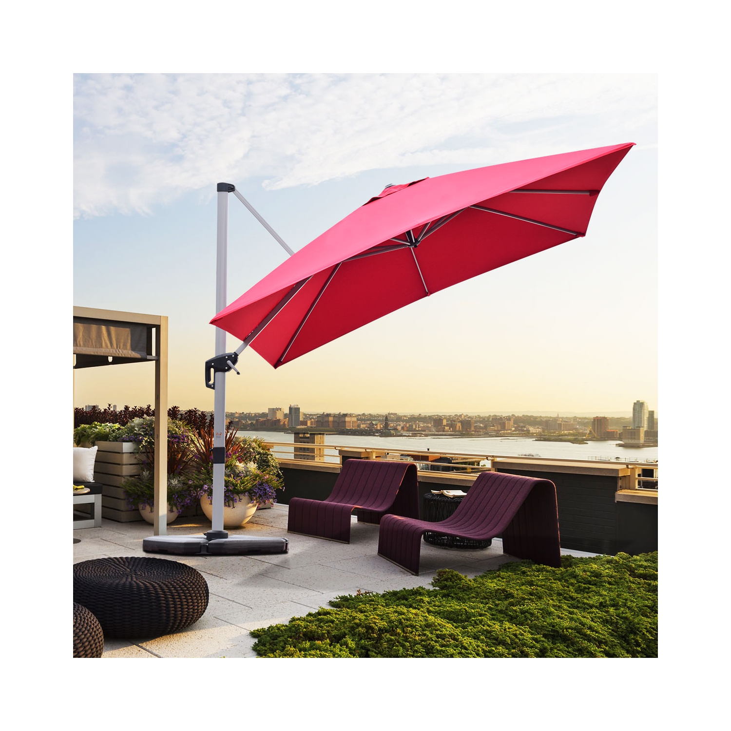 Costway 10Ft Patio Offset Cantilever Umbrella 360 Degree Tilt Aluminum W/Base