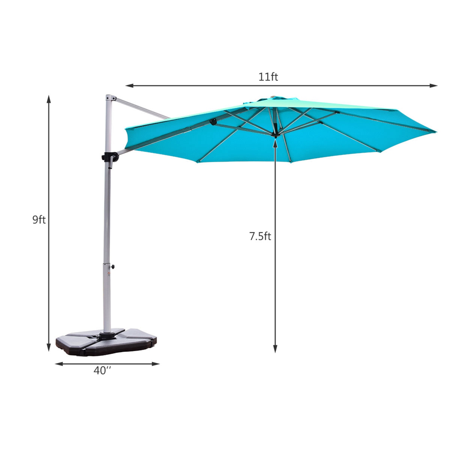 Parasol en porte-à-faux excentré de 11 pi de Costway à rotation de 360 degrés, base inclinable en aluminium turquoise