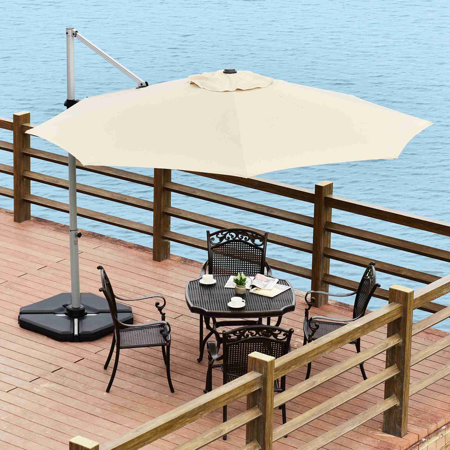 Costway 11' Patio Cantilever Offset Umbrella 360 degrees Rotation Aluminum Tilt Beige