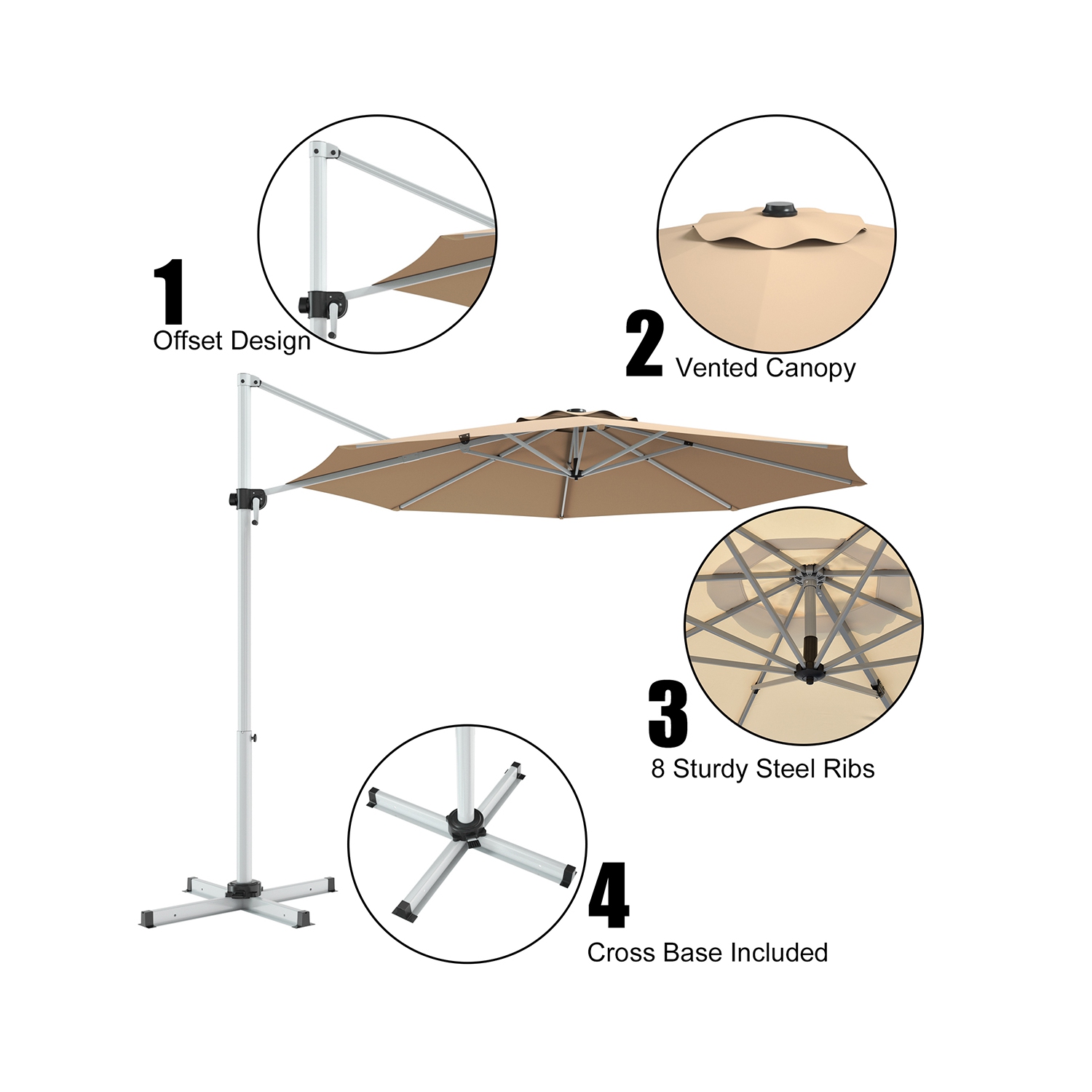 Costway 11' Patio Cantilever Offset Umbrella 360 degrees Rotation Aluminum Tilt Beige