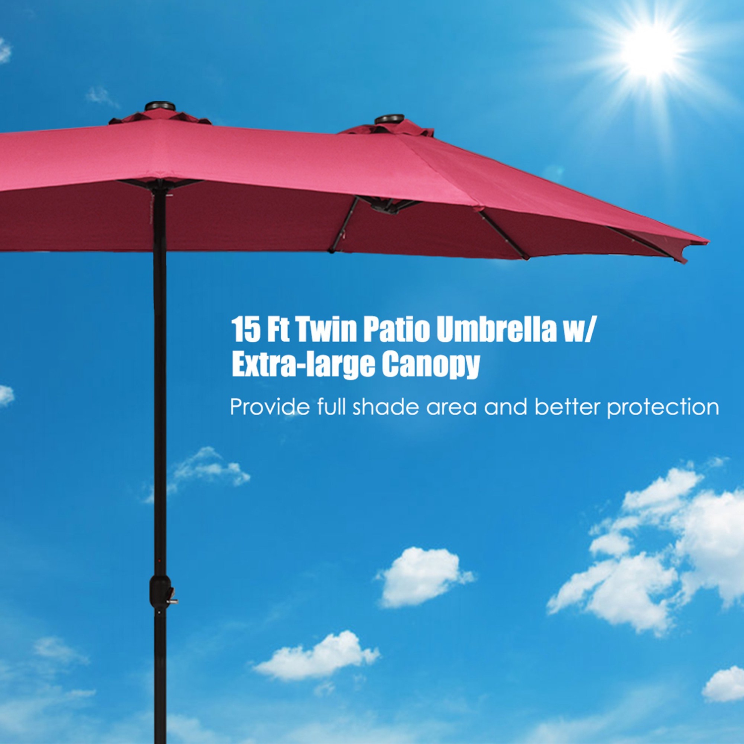 Costway 15Ft Patio Double-Sided Solar LED Market Umbrella Crank